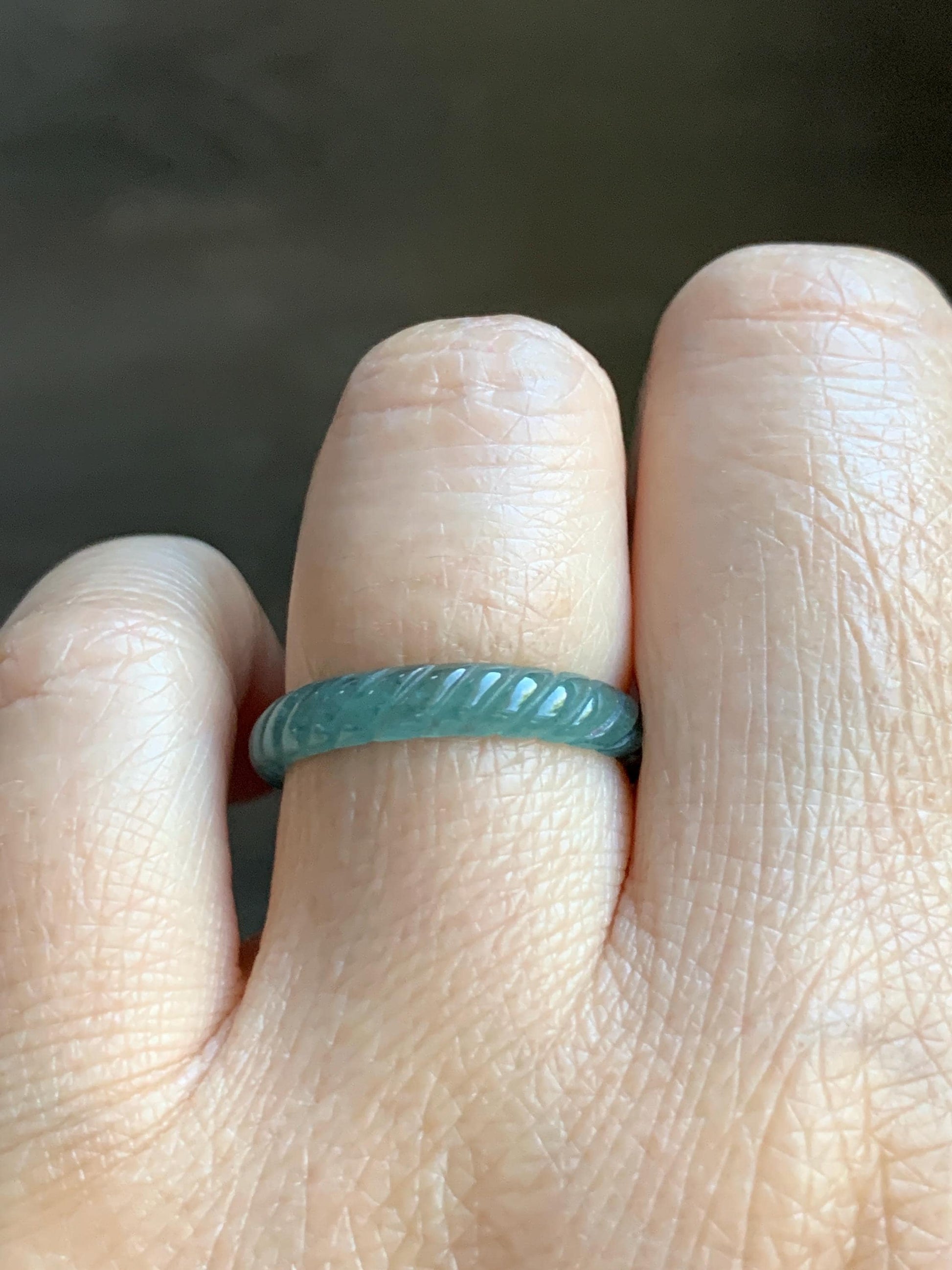 Natural Grade A Guatemalan Icy Highly Translucent Dark Teal Blue Jade Jadeite Carved Braid Band Ring Size 7.75 US 天然冰危深蓝绿翡翠麻花戒圈 WQB66M