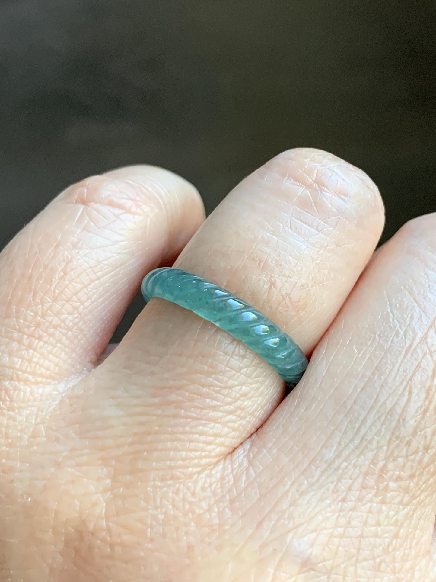 Natural Grade A Guatemalan Icy Highly Translucent Dark Teal Blue Jade Jadeite Carved Braid Band Ring Size 7.75 US 天然冰危深蓝绿翡翠麻花戒圈 WQB66M