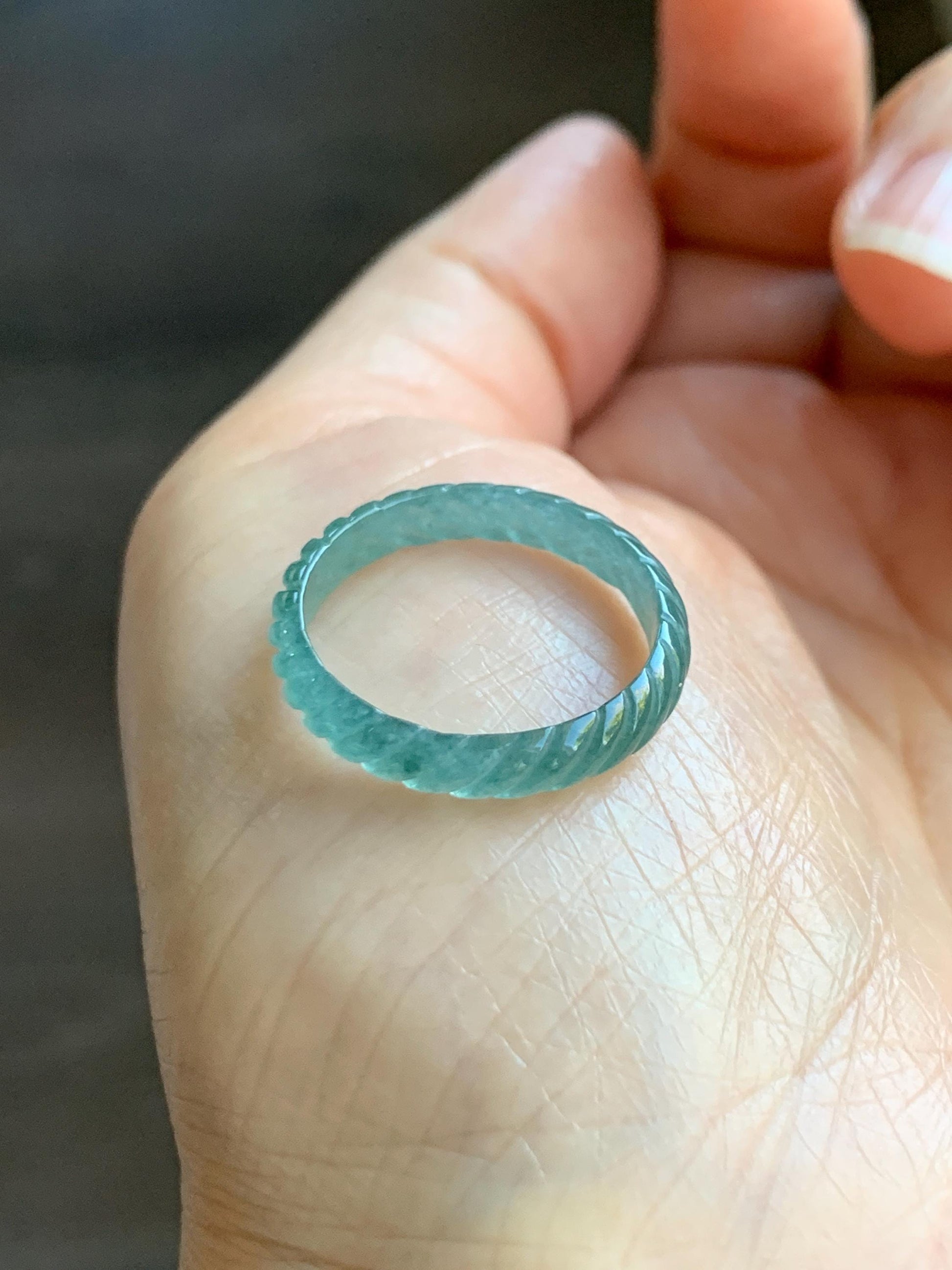 Natural Grade A Guatemalan Icy Highly Translucent Dark Teal Blue Jade Jadeite Carved Braid Band Ring Size 7.75 US 天然冰危深蓝绿翡翠麻花戒圈 WQB66M