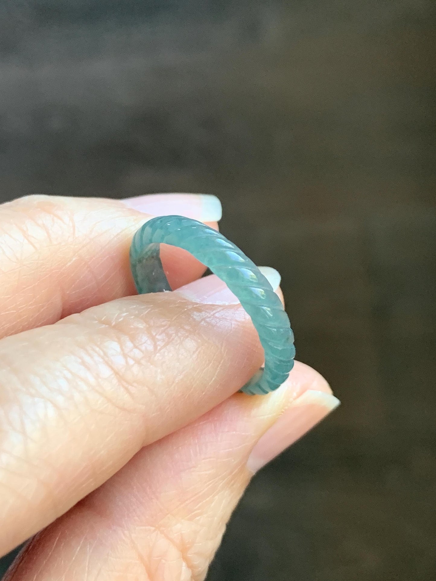 Natural Grade A Guatemalan Icy Highly Translucent Dark Teal Blue Jade Jadeite Carved Braid Band Ring Size 7.75 US 天然冰危深蓝绿翡翠麻花戒圈 WQB66M