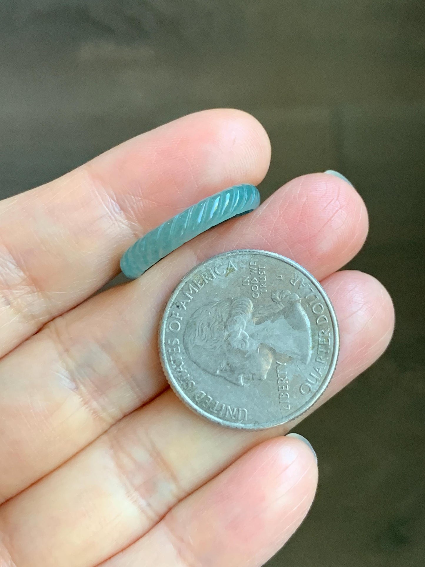 Natural Grade A Guatemalan Icy Highly Translucent Dark Teal Blue Jade Jadeite Carved Braid Band Ring Size 7.75 US 天然冰危深蓝绿翡翠麻花戒圈 WQB66M