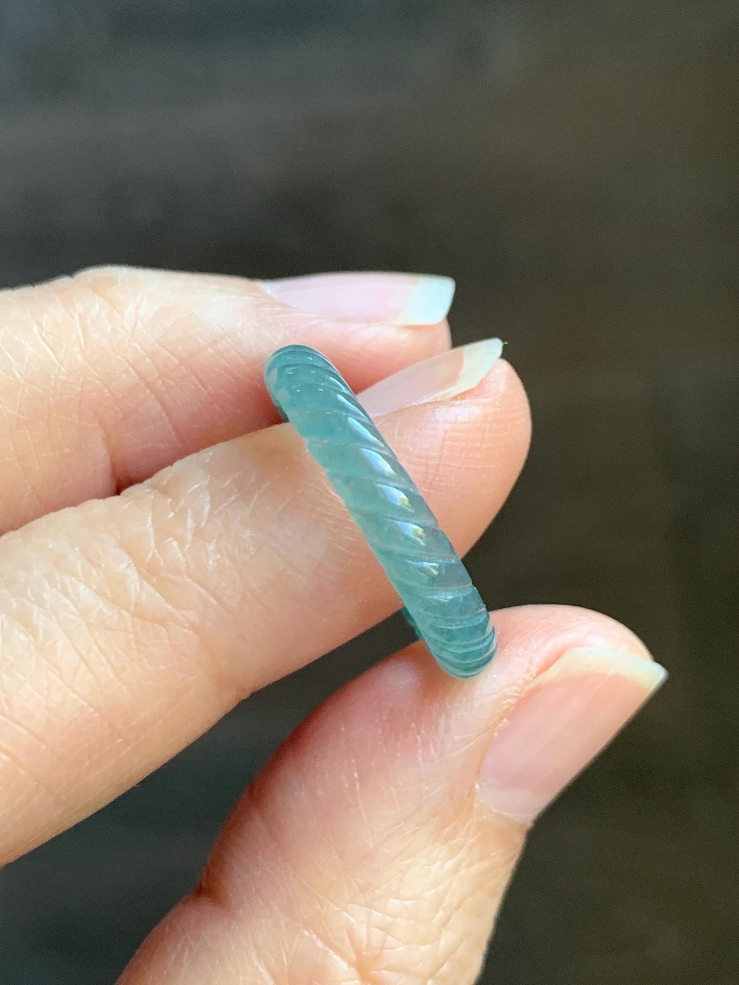 Natural Grade A Guatemalan Icy Highly Translucent Dark Teal Blue Jade Jadeite Carved Braid Band Ring Size 7.75 US 天然冰危深蓝绿翡翠麻花戒圈 WQB66M
