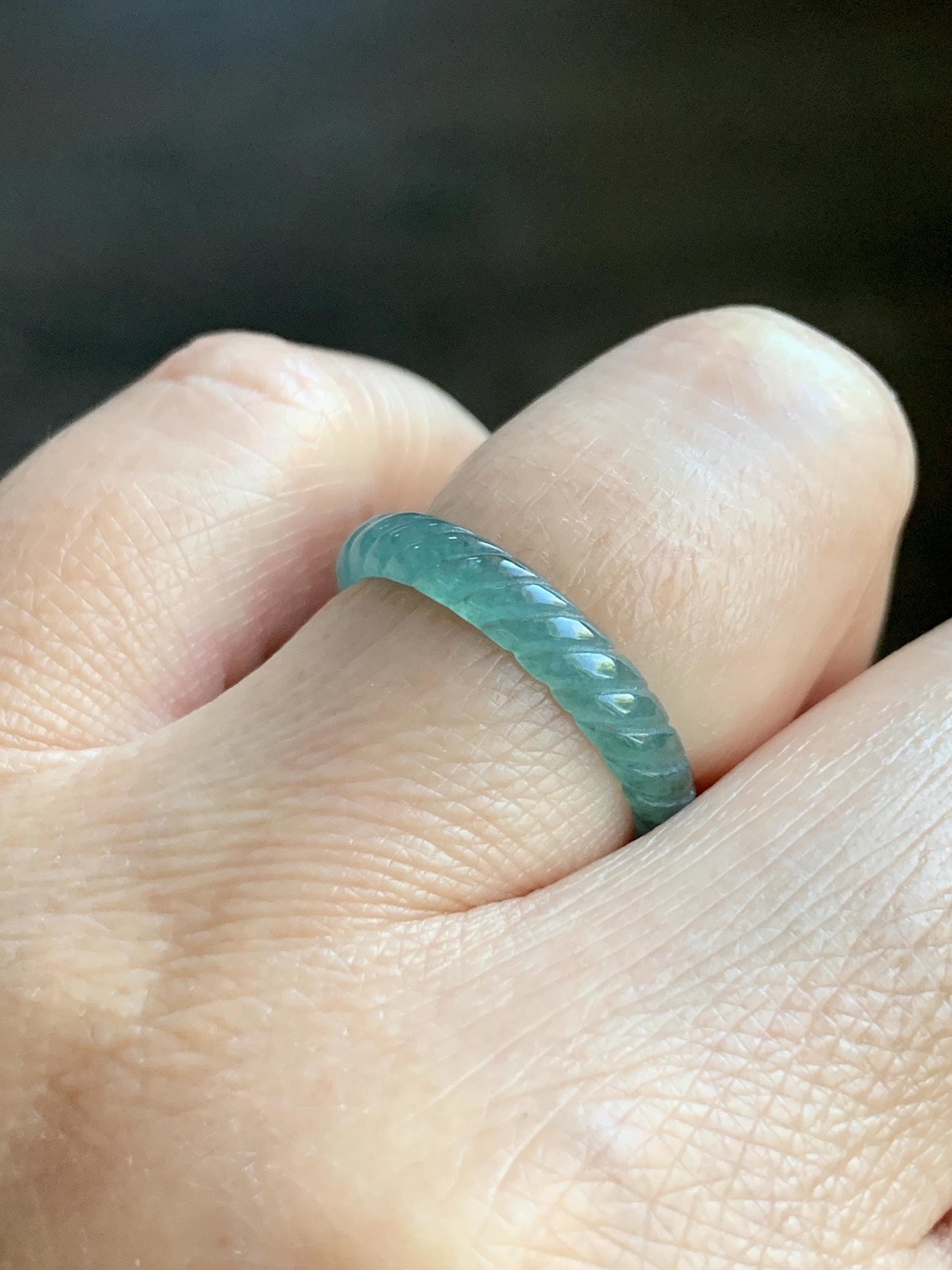 Natural Grade A Guatemalan Icy Highly Translucent Dark Teal Blue Jade Jadeite Carved Braid Band Ring Size 7.75 US 天然冰危深蓝绿翡翠麻花戒圈 WQB66M