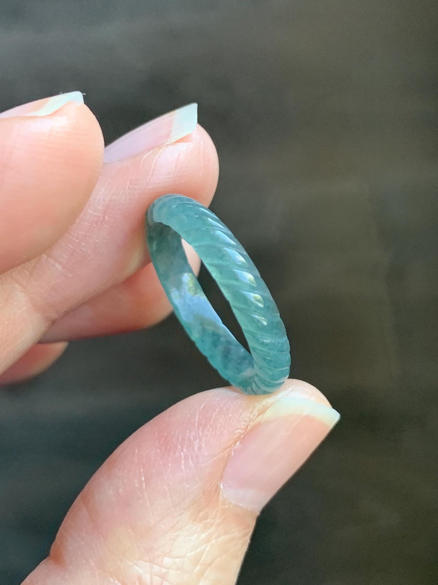 Natural Grade A Guatemalan Icy Highly Translucent Dark Teal Blue Jade Jadeite Carved Braid Band Ring Size 7.75 US 天然冰危深蓝绿翡翠麻花戒圈 WQB66M