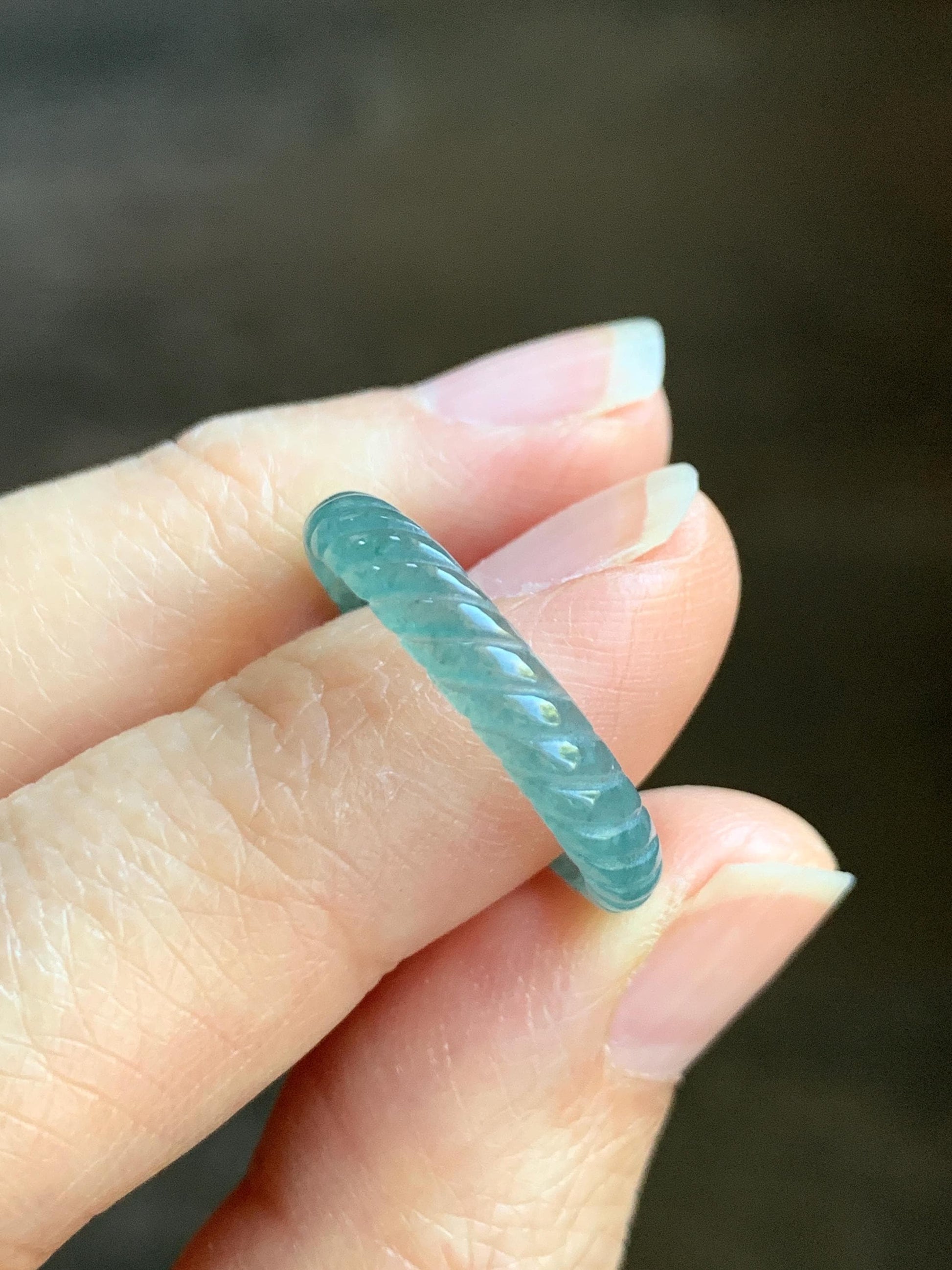 Natural Grade A Guatemalan Icy Highly Translucent Dark Teal Blue Jade Jadeite Carved Braid Band Ring Size 7.75 US 天然冰危深蓝绿翡翠麻花戒圈 WQB66M