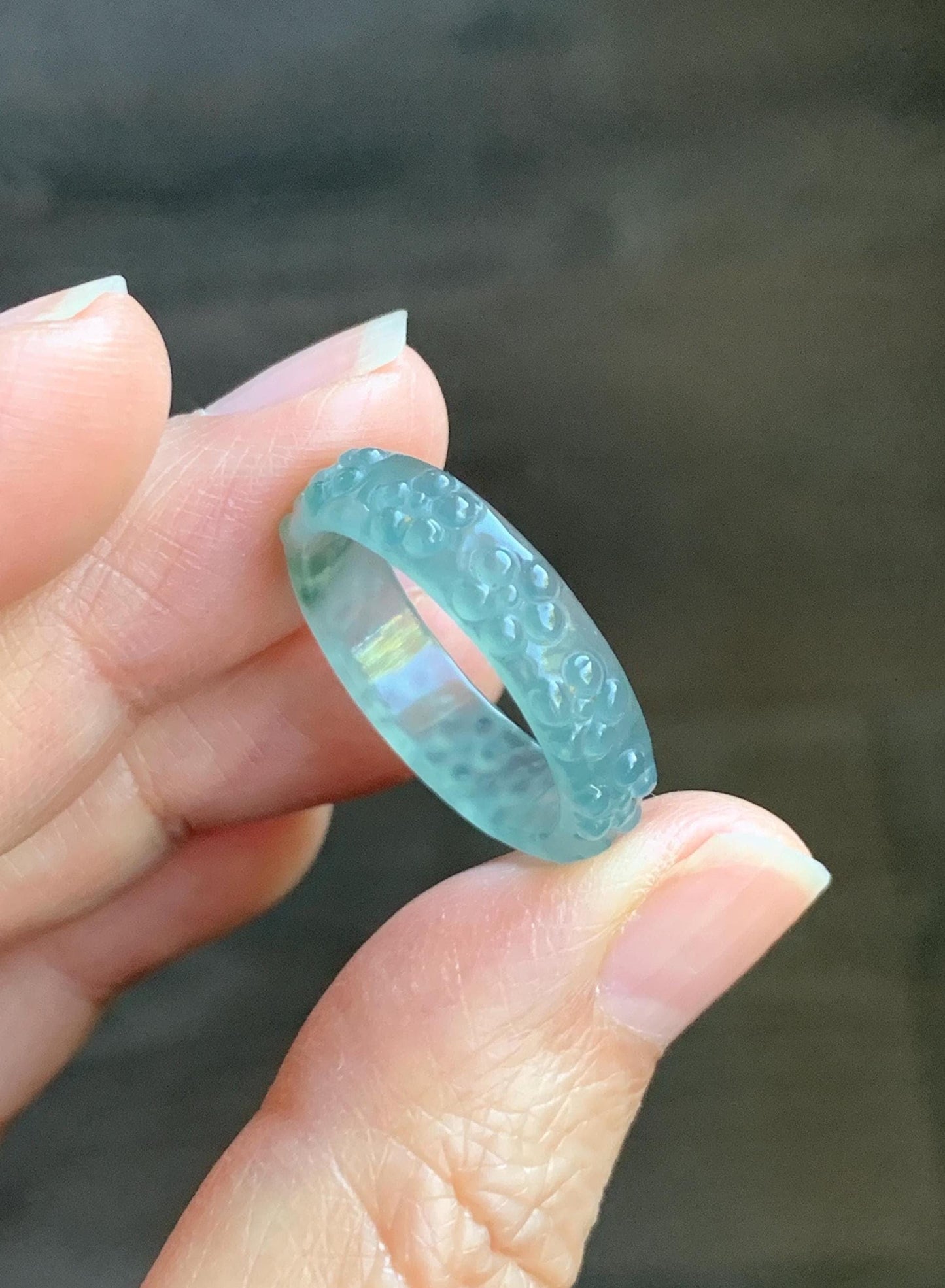Natural Grade A Guatemalan Icy Translucent Light Teal Blue Jade Jadeite Carved Cherry Blossom Band Ring Size 8.75 US 天然冰胶危蓝翡翠梅花戒圈 WQB66F