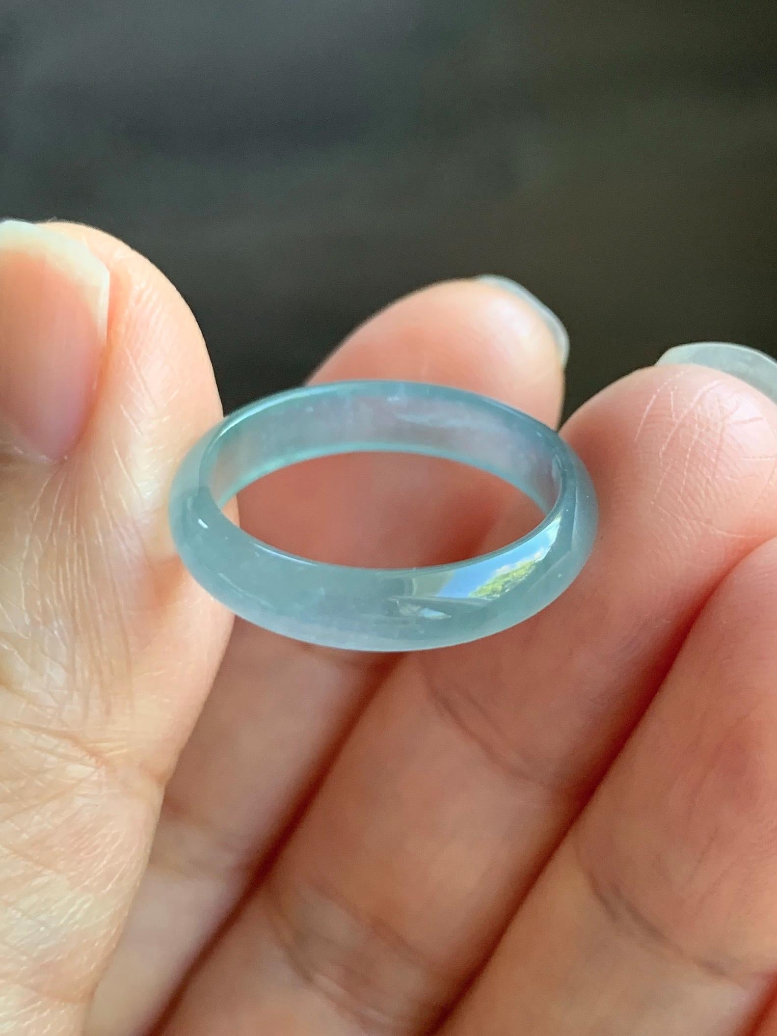 Natural Grade A Guatemalan Icy Highly Translucent Light Teal Blue Jade Jadeite Band Ring Size 7.75 US 天然冰胶危浅蓝绿起光翡翠戒圈 WLL55A