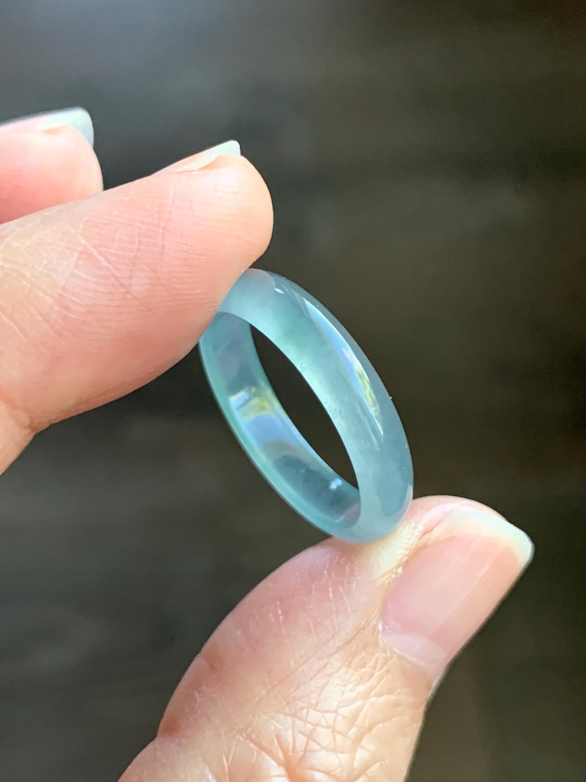Natural Grade A Guatemalan Icy Highly Translucent Light Teal Blue Jade Jadeite Band Ring Size 7.75 US 天然冰胶危浅蓝绿起光翡翠戒圈 WLL55A