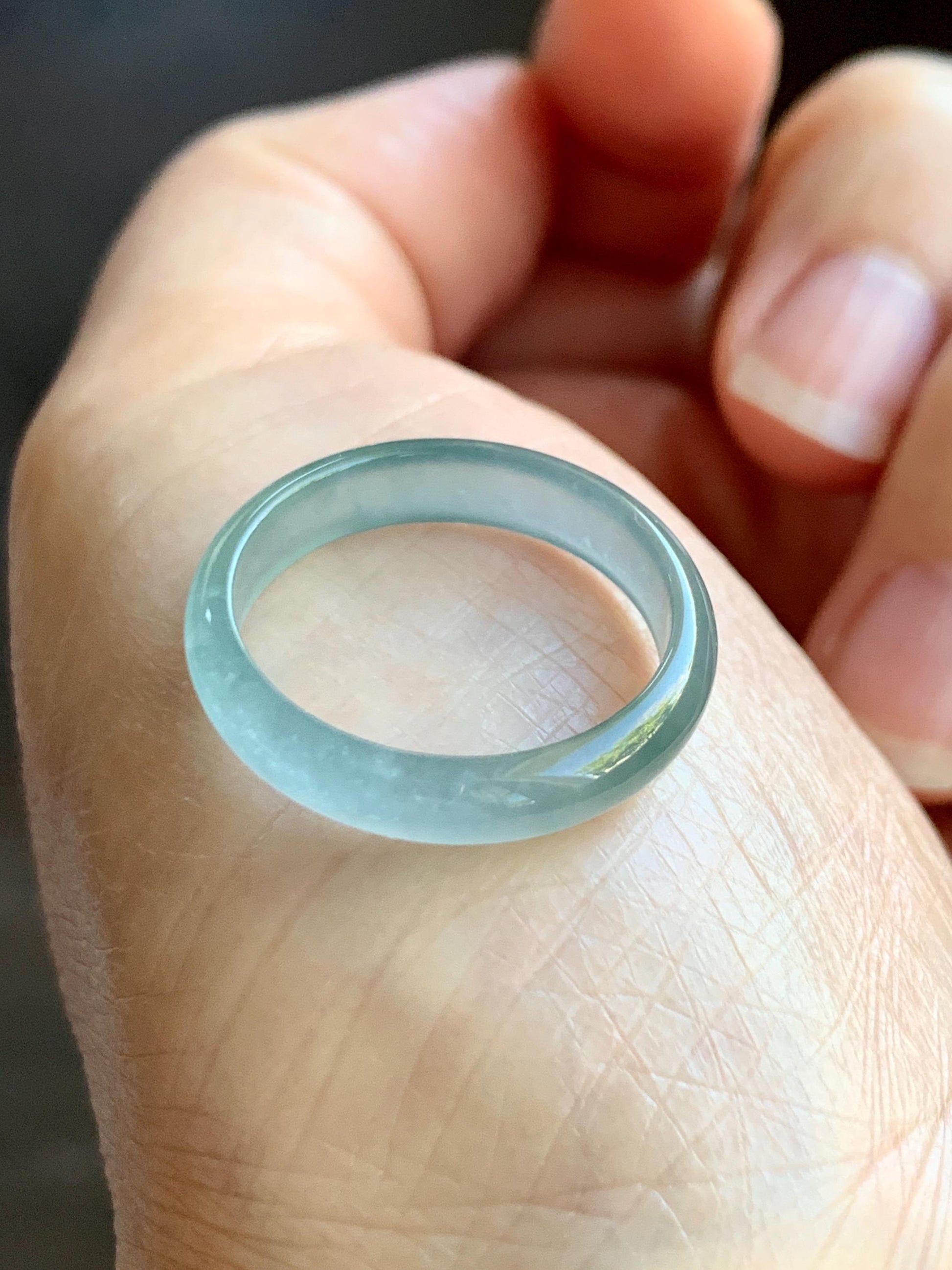 Natural Grade A Guatemalan Icy Highly Translucent Light Teal Blue Jade Jadeite Band Ring Size 7.75 US 天然冰胶危浅蓝绿起光翡翠戒圈 WLL55A