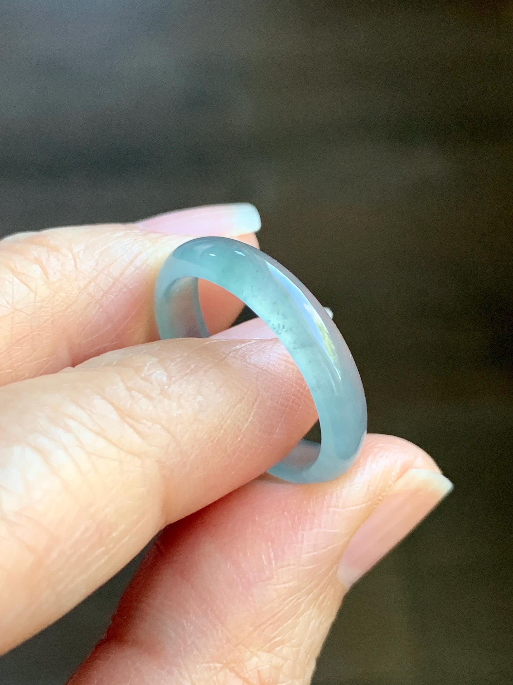 Natural Grade A Guatemalan Icy Highly Translucent Light Teal Blue Jade Jadeite Band Ring Size 7.75 US 天然冰胶危浅蓝绿起光翡翠戒圈 WLL55A