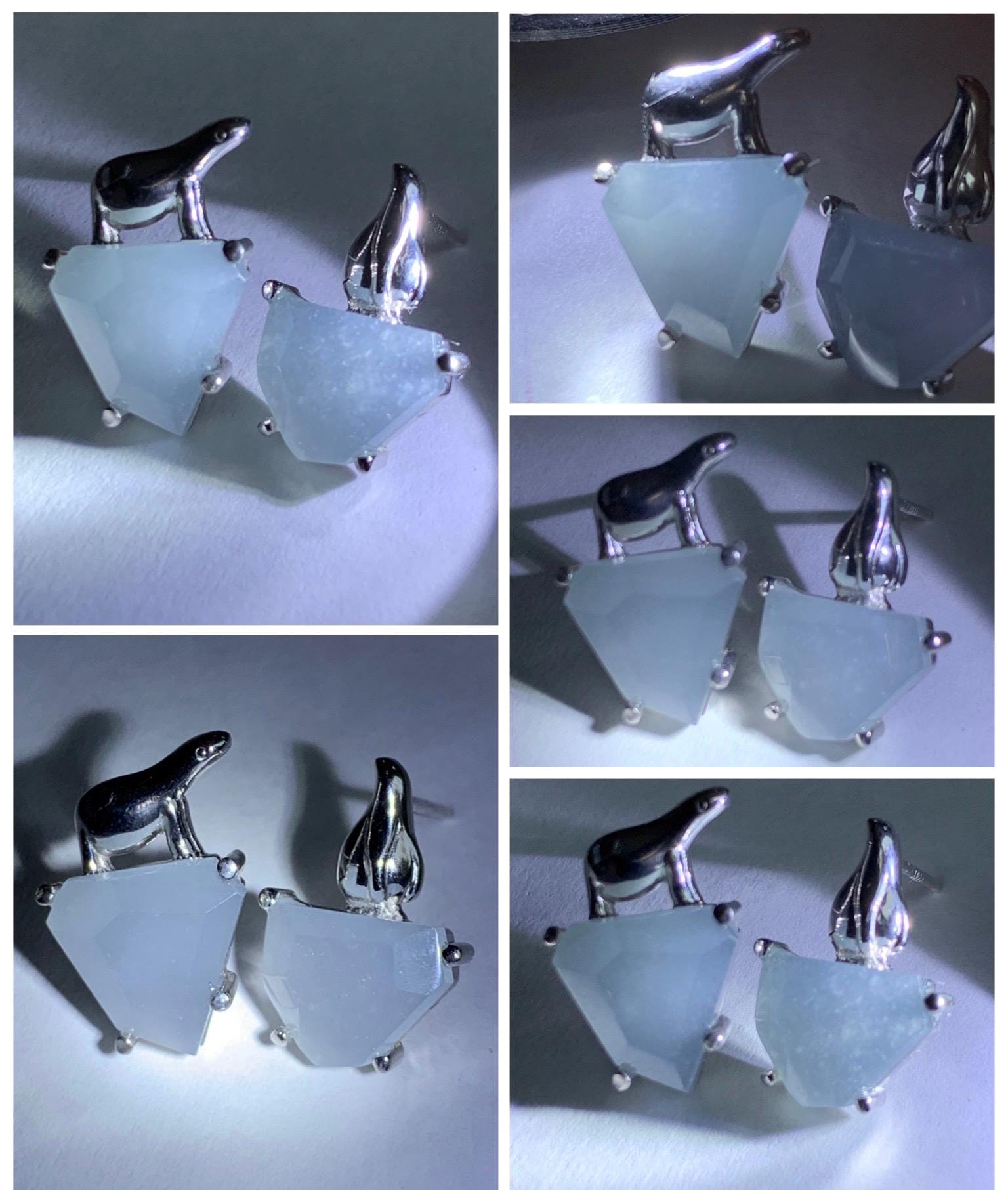 Certified Natural Grade A Guatemalan Icy Translucent Dusty Blue Jade Jadeite Glacier Stud Earrings Sterling Silver 3.85g 天然冰危浅蓝紫翡翠冰川款镶嵌耳钉176