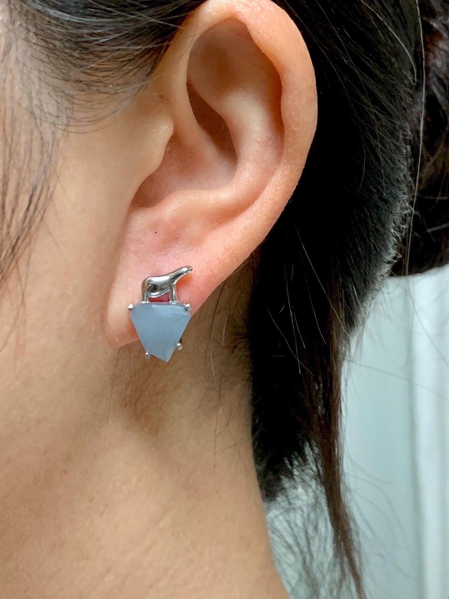 Certified Natural Grade A Guatemalan Icy Translucent Dusty Blue Jade Jadeite Glacier Stud Earrings Sterling Silver 3.85g 天然冰危浅蓝紫翡翠冰川款镶嵌耳钉176