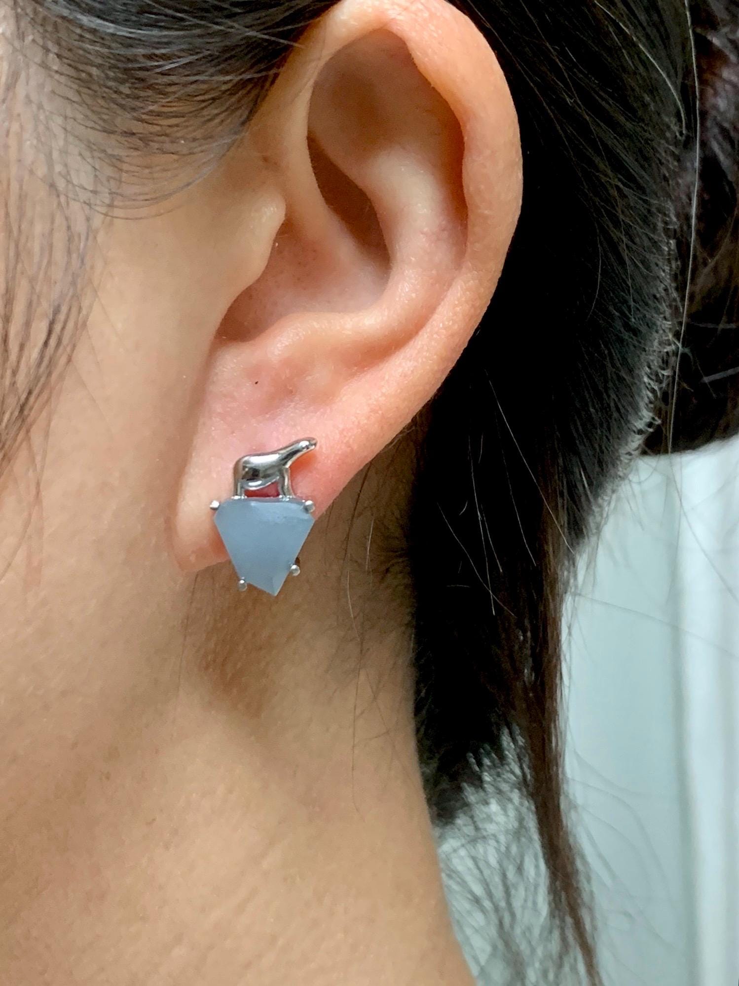 Certified Natural Grade A Guatemalan Icy Translucent Dusty Blue Jade Jadeite Glacier Stud Earrings Sterling Silver 3.85g 天然冰危浅蓝紫翡翠冰川款镶嵌耳钉176