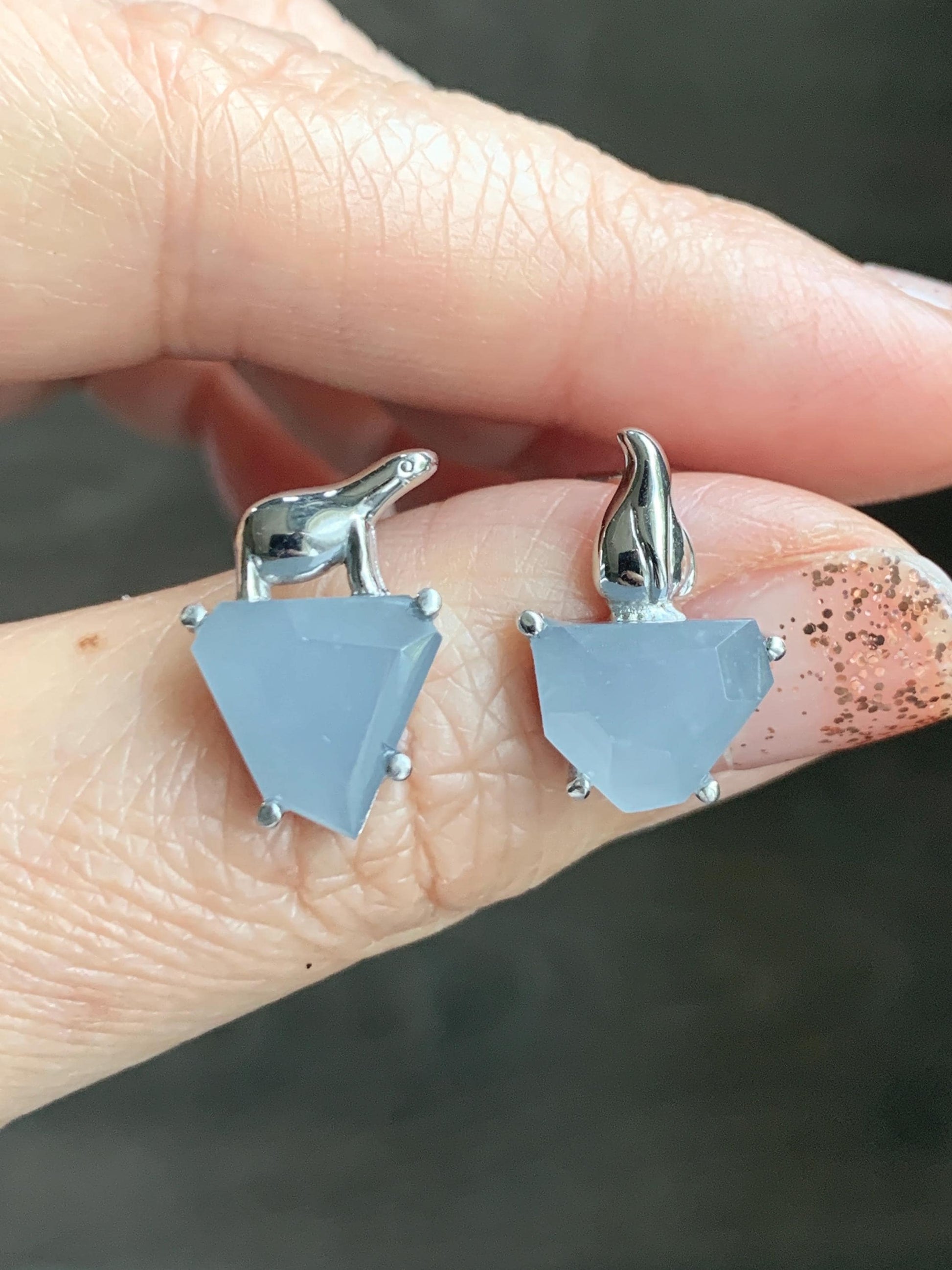 Certified Natural Grade A Guatemalan Icy Translucent Dusty Blue Jade Jadeite Glacier Stud Earrings Sterling Silver 3.85g 天然冰危浅蓝紫翡翠冰川款镶嵌耳钉176