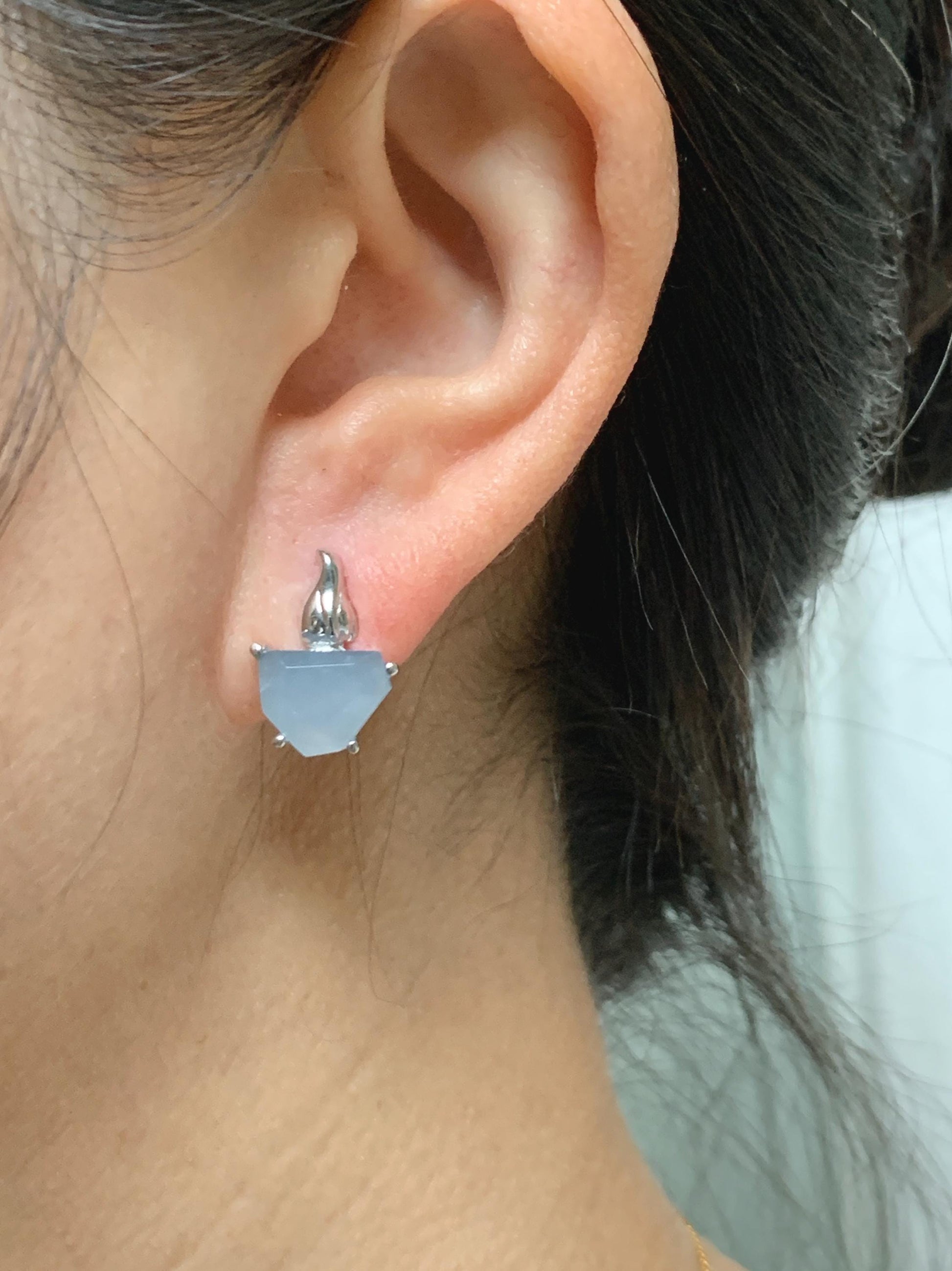 Certified Natural Grade A Guatemalan Icy Translucent Dusty Blue Jade Jadeite Glacier Stud Earrings Sterling Silver 3.85g 天然冰危浅蓝紫翡翠冰川款镶嵌耳钉176