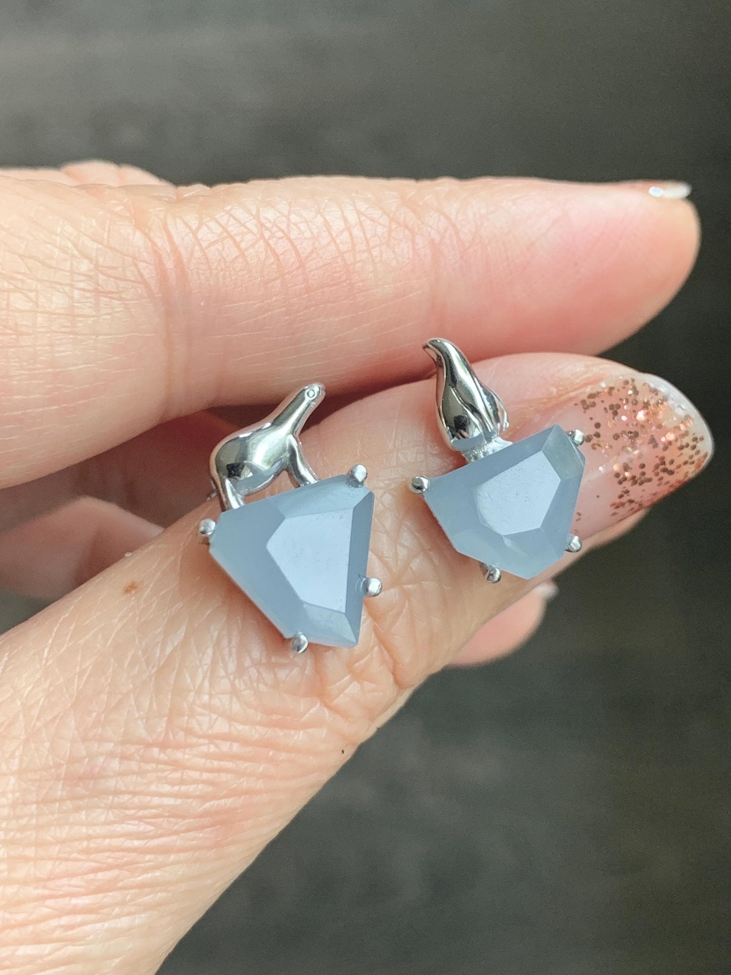Certified Natural Grade A Guatemalan Icy Translucent Dusty Blue Jade Jadeite Glacier Stud Earrings Sterling Silver 3.85g 天然冰危浅蓝紫翡翠冰川款镶嵌耳钉176