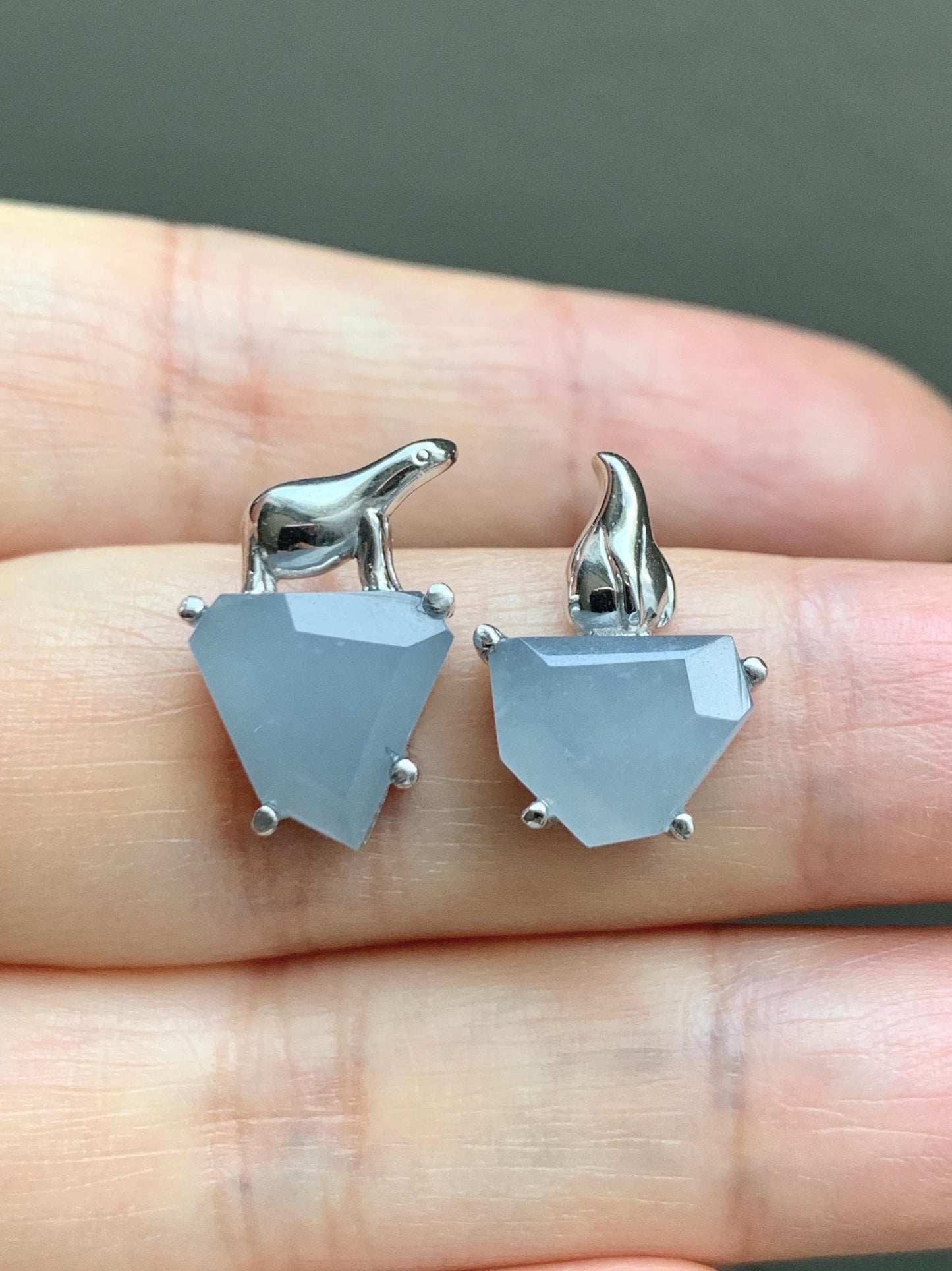 Certified Natural Grade A Guatemalan Icy Translucent Dusty Blue Jade Jadeite Glacier Stud Earrings Sterling Silver 3.85g 天然冰危浅蓝紫翡翠冰川款镶嵌耳钉176