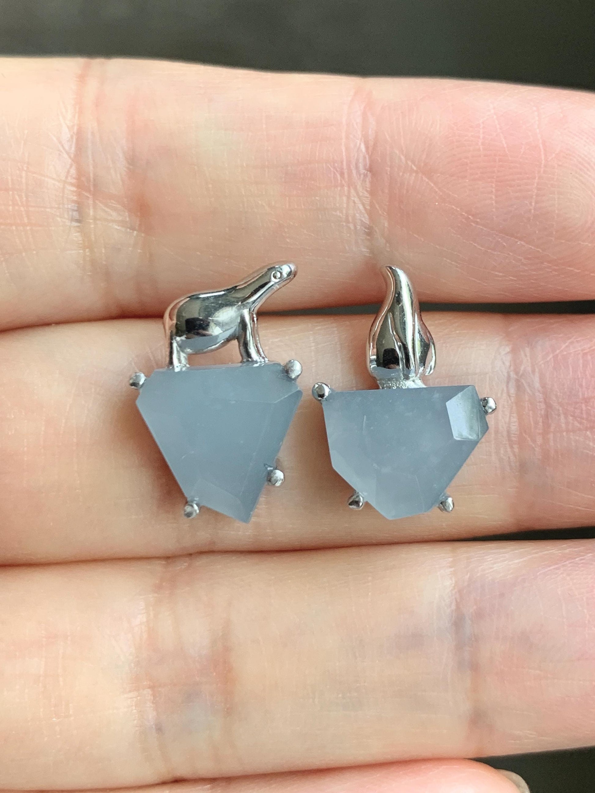 Certified Natural Grade A Guatemalan Icy Translucent Dusty Blue Jade Jadeite Glacier Stud Earrings Sterling Silver 3.85g 天然冰危浅蓝紫翡翠冰川款镶嵌耳钉176