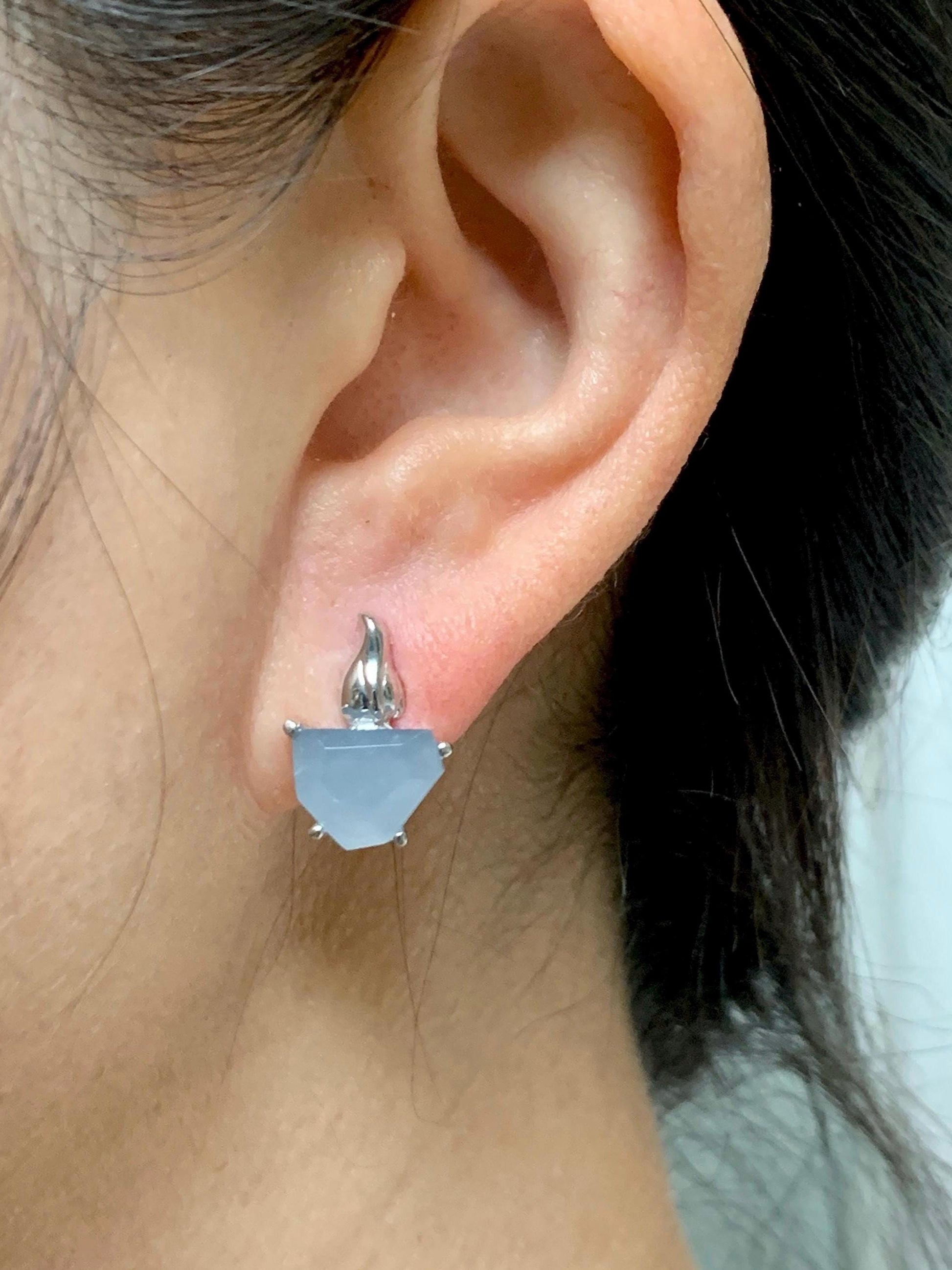Certified Natural Grade A Guatemalan Icy Translucent Dusty Blue Jade Jadeite Glacier Stud Earrings Sterling Silver 3.85g 天然冰危浅蓝紫翡翠冰川款镶嵌耳钉176