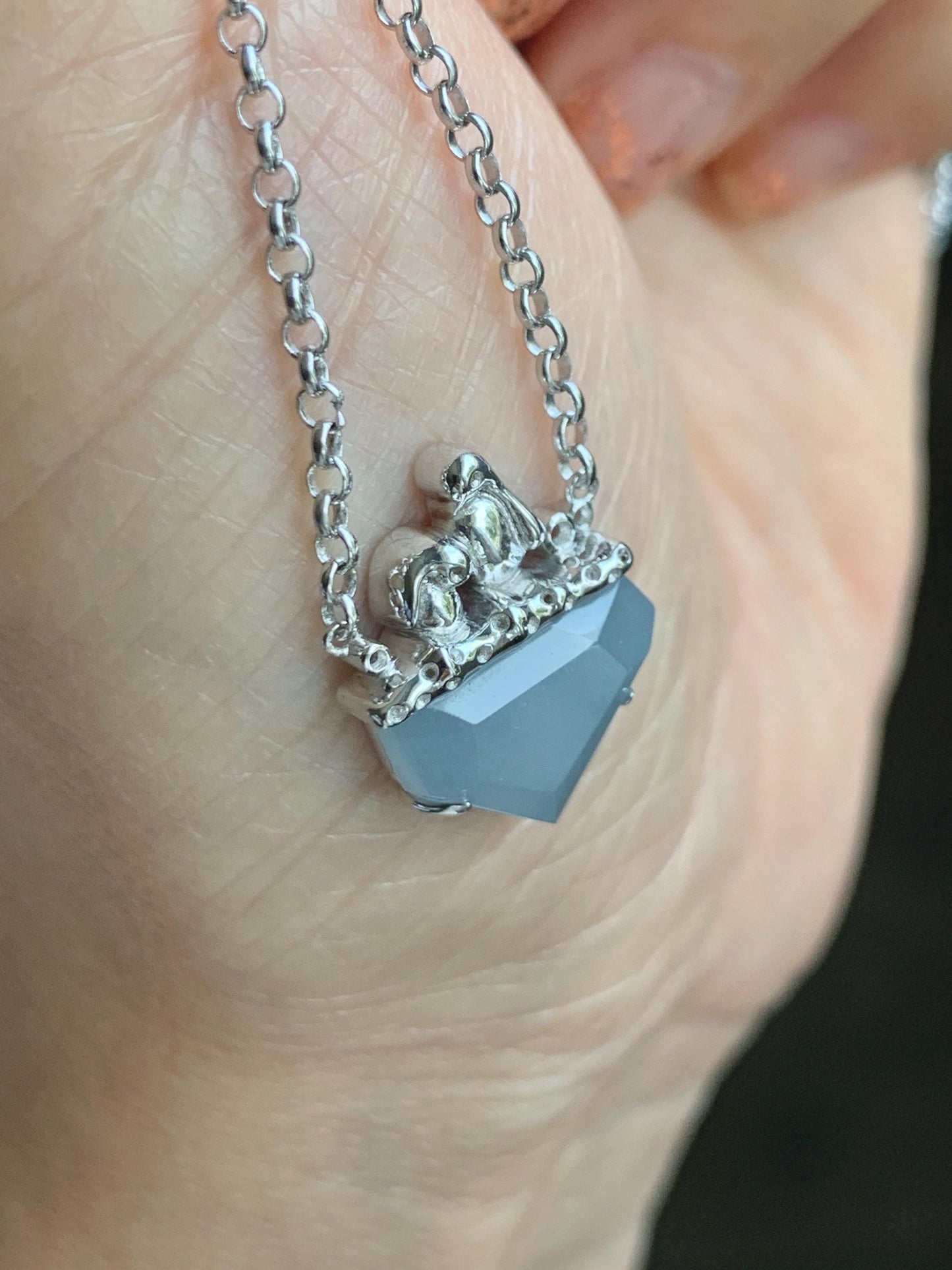 Certified Natural Grade A Guatemalan Icy Translucent Dusty Blue Jade Jadeite Glacier Necklace Sterling Silver 16-17.5” 天然冰危浅蓝紫翡翠冰川款镶嵌项链175