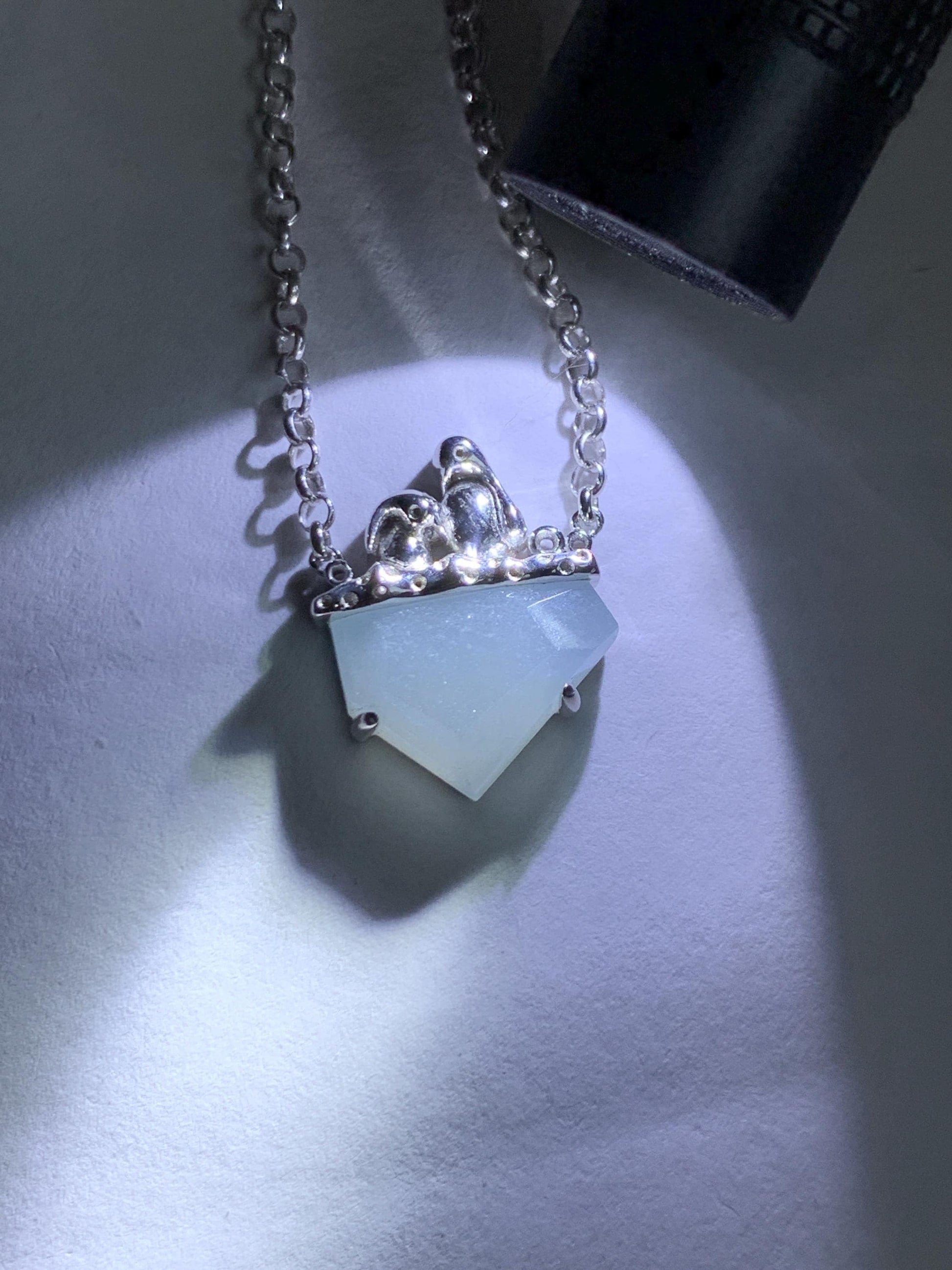 Certified Natural Grade A Guatemalan Icy Translucent Dusty Blue Jade Jadeite Glacier Necklace Sterling Silver 16-17.5” 天然冰危浅蓝紫翡翠冰川款镶嵌项链175