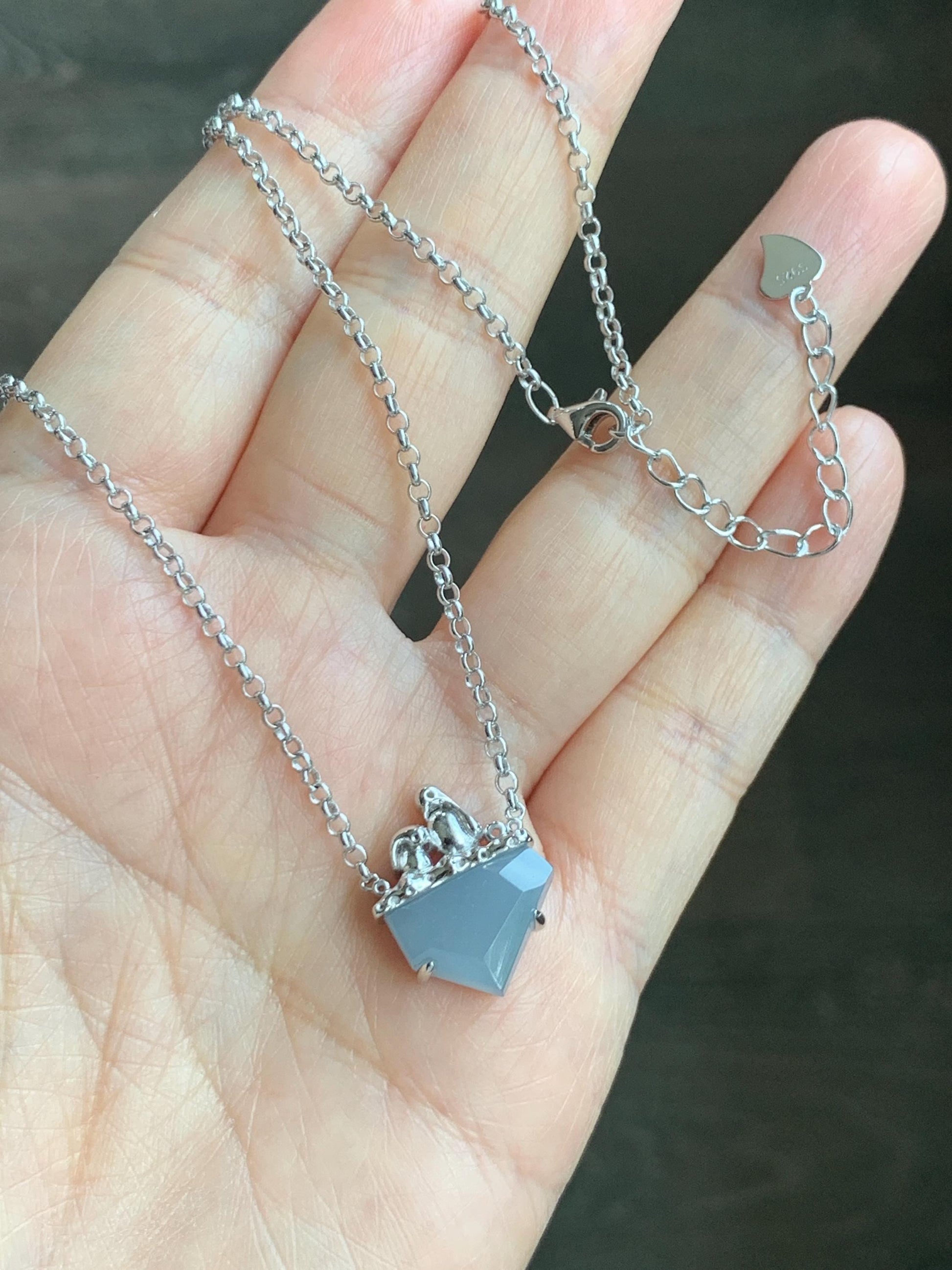 Certified Natural Grade A Guatemalan Icy Translucent Dusty Blue Jade Jadeite Glacier Necklace Sterling Silver 16-17.5” 天然冰危浅蓝紫翡翠冰川款镶嵌项链175