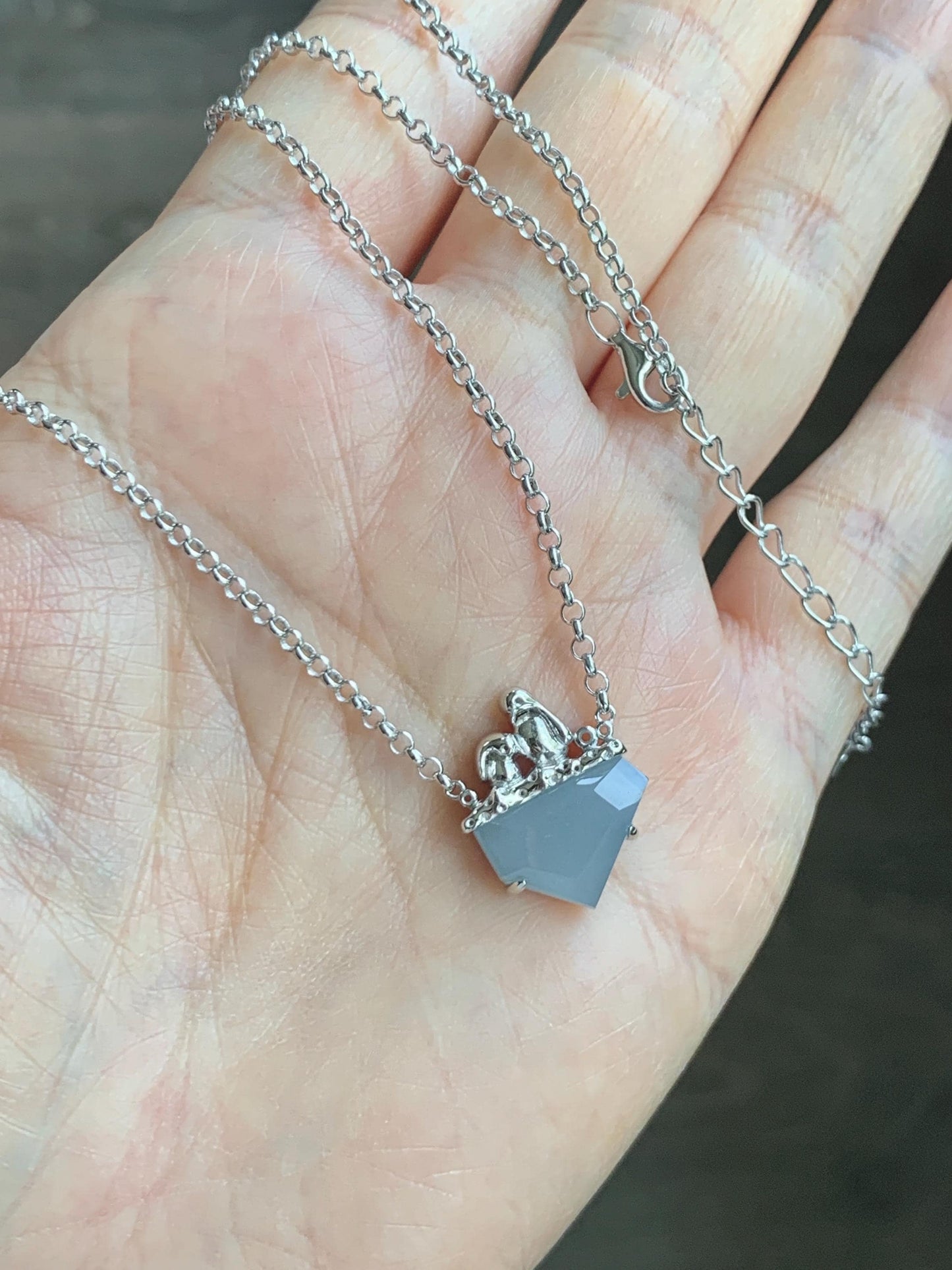 Certified Natural Grade A Guatemalan Icy Translucent Dusty Blue Jade Jadeite Glacier Necklace Sterling Silver 16-17.5” 天然冰危浅蓝紫翡翠冰川款镶嵌项链175