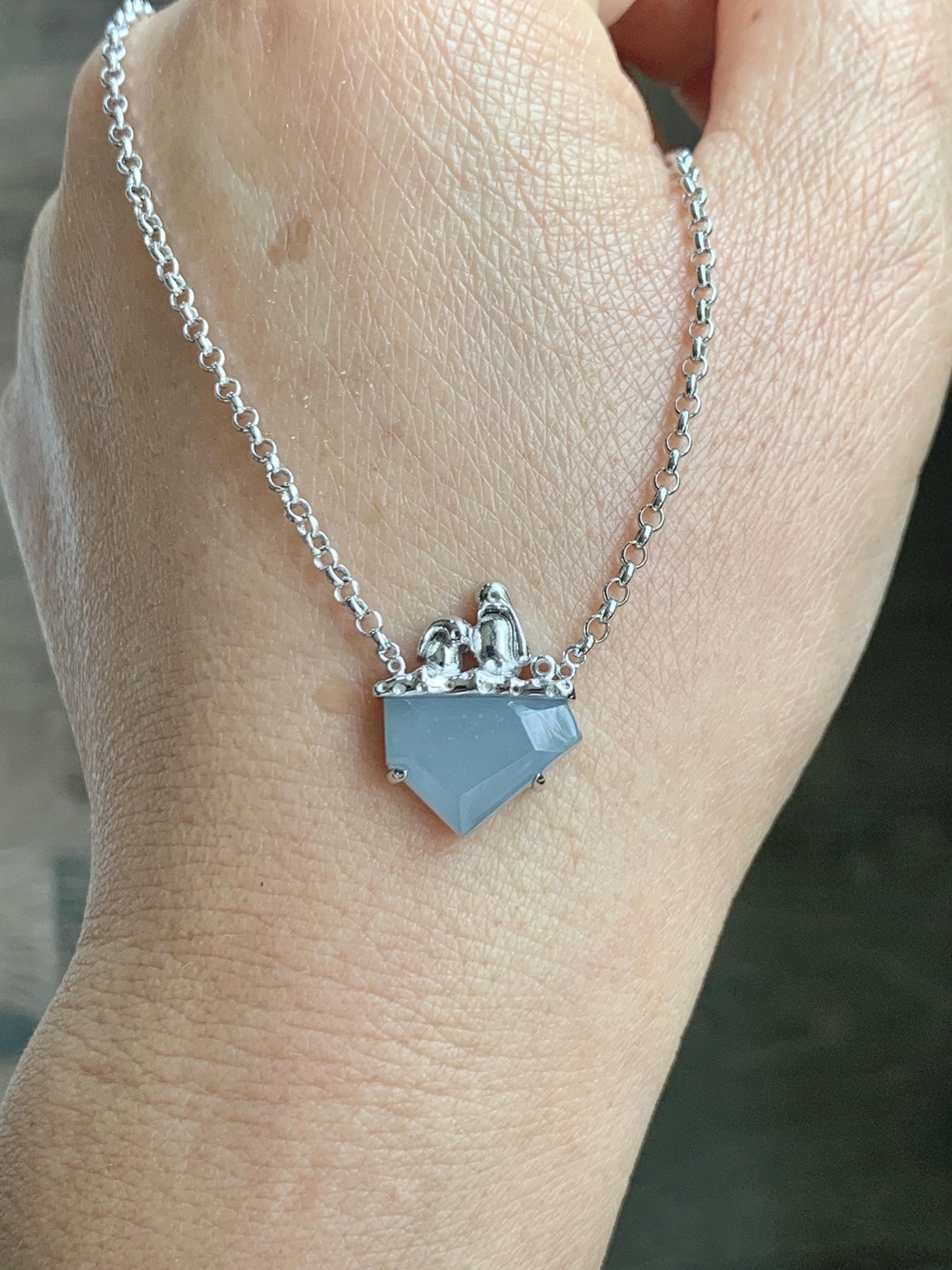 Certified Natural Grade A Guatemalan Icy Translucent Dusty Blue Jade Jadeite Glacier Necklace Sterling Silver 16-17.5” 天然冰危浅蓝紫翡翠冰川款镶嵌项链175