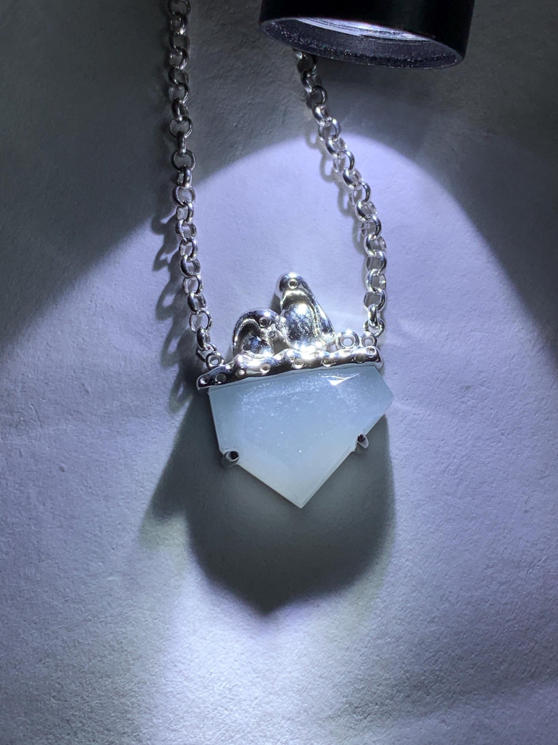 Certified Natural Grade A Guatemalan Icy Translucent Dusty Blue Jade Jadeite Glacier Necklace Sterling Silver 16-17.5” 天然冰危浅蓝紫翡翠冰川款镶嵌项链175
