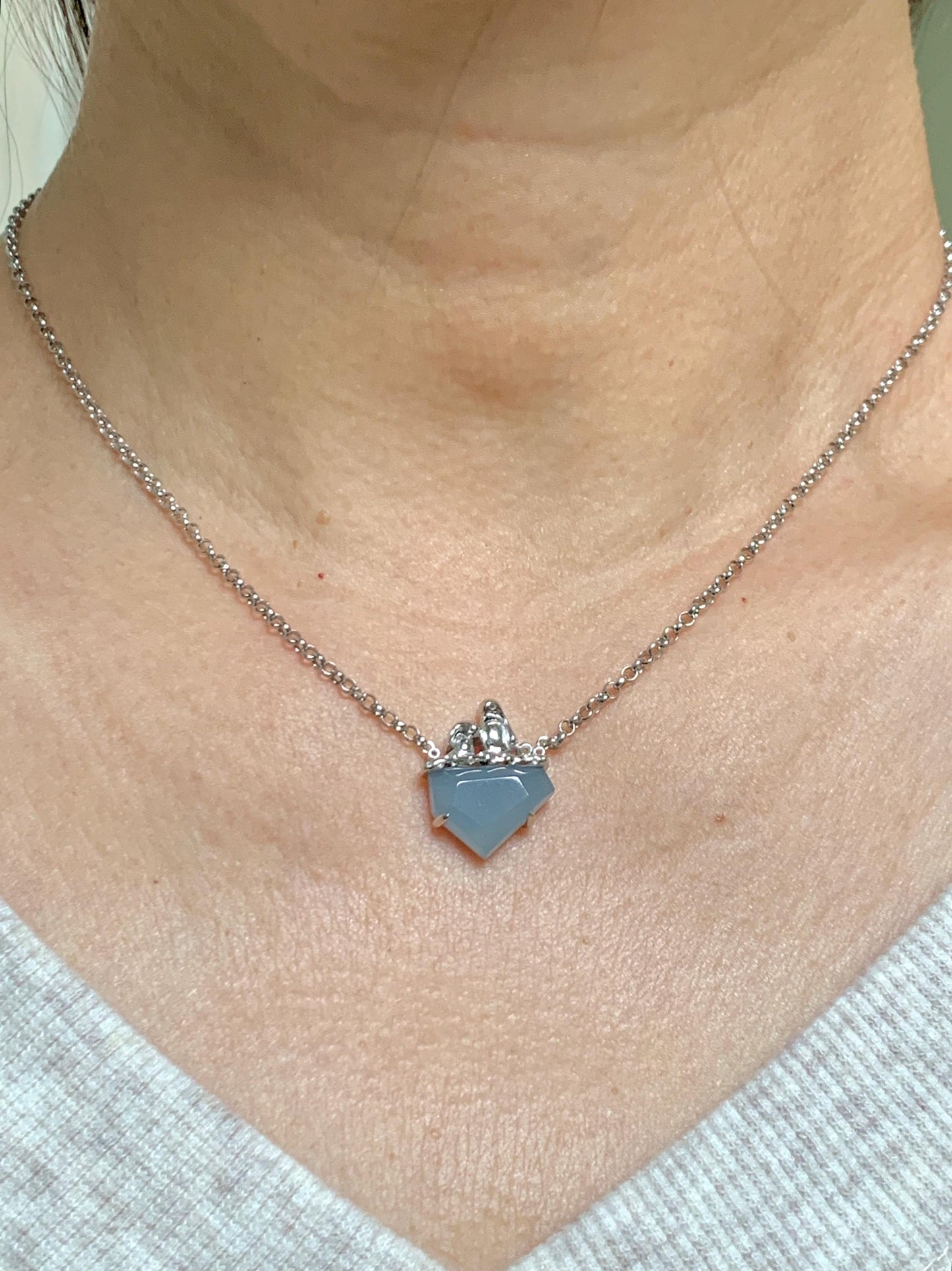 Certified Natural Grade A Guatemalan Icy Translucent Dusty Blue Jade Jadeite Glacier Necklace Sterling Silver 16-17.5” 天然冰危浅蓝紫翡翠冰川款镶嵌项链175