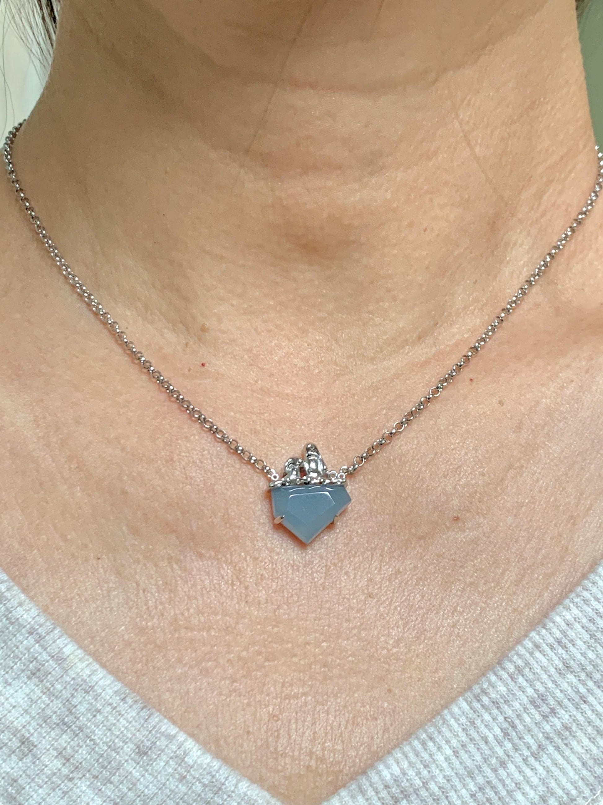 Certified Natural Grade A Guatemalan Icy Translucent Dusty Blue Jade Jadeite Glacier Necklace Sterling Silver 16-17.5” 天然冰危浅蓝紫翡翠冰川款镶嵌项链175