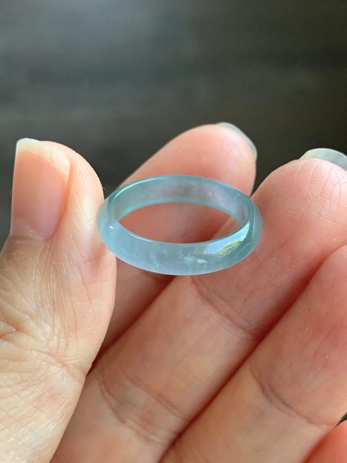 Natural Grade A Guatemalan Icy Highly Translucent Light Teal & Green Marbled Jade Jadeite Band Ring Size 6.5 US 天然冰胶危浅蓝绿起光翡翠戒圈 WLL55B