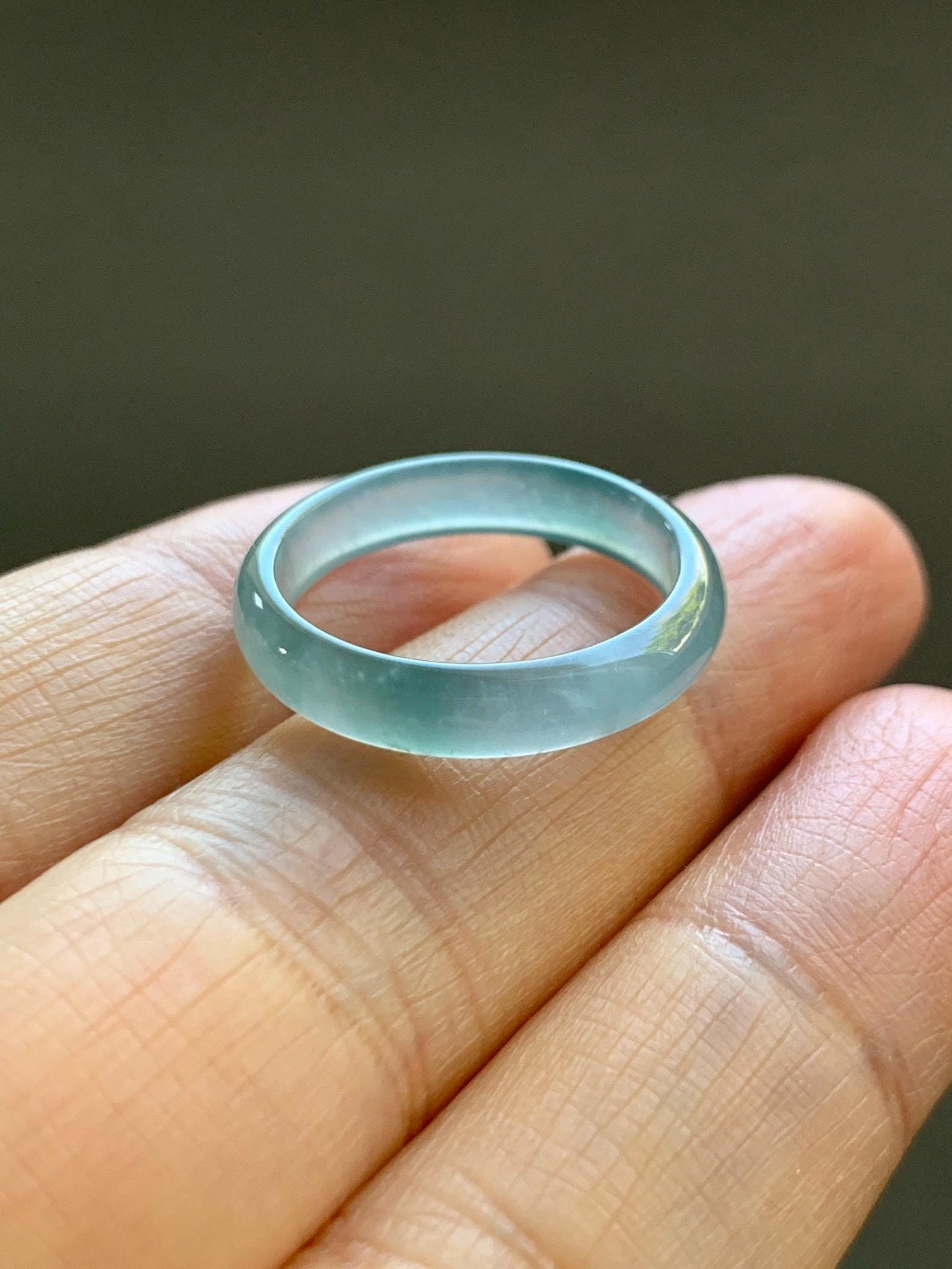 Natural Grade A Guatemalan Icy Highly Translucent Light Teal & Green Marbled Jade Jadeite Band Ring Size 6.5 US 天然冰胶危浅蓝绿起光翡翠戒圈 WLL55B