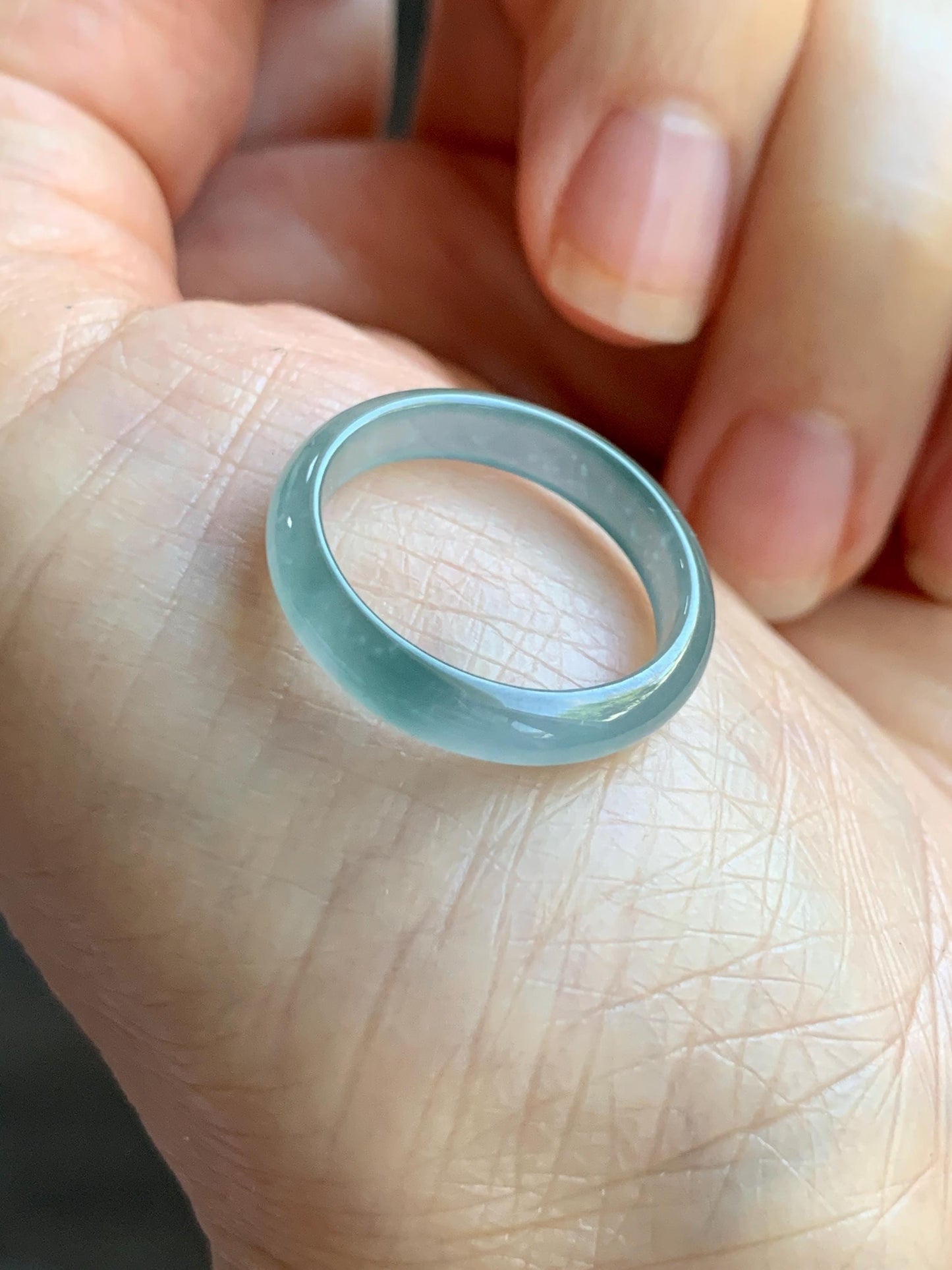 Natural Grade A Guatemalan Icy Highly Translucent Light Teal & Green Marbled Jade Jadeite Band Ring Size 6.5 US 天然冰胶危浅蓝绿起光翡翠戒圈 WLL55B