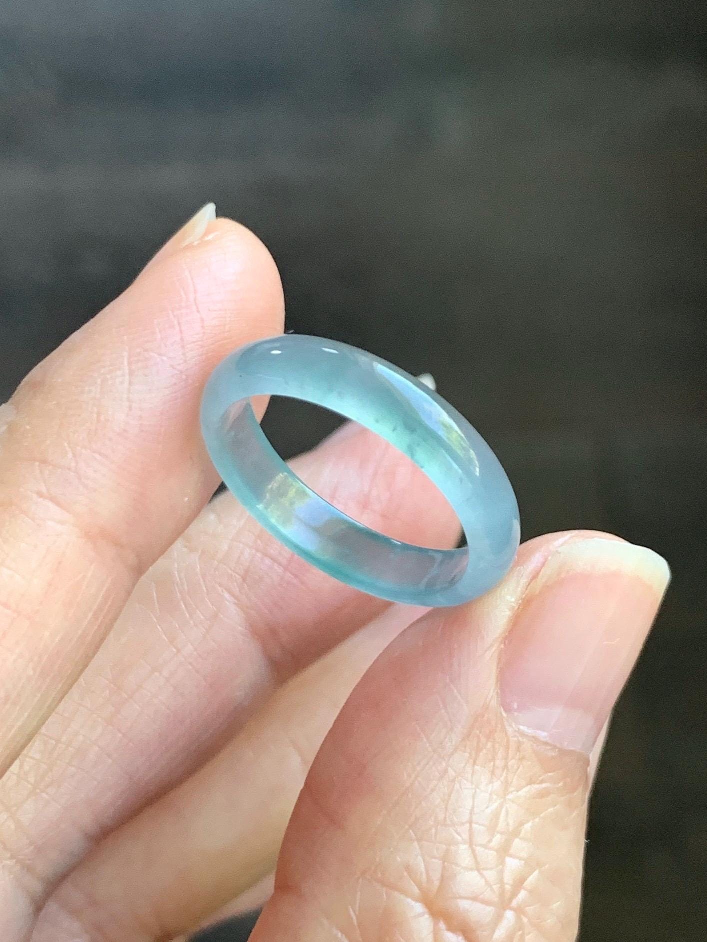 Natural Grade A Guatemalan Icy Highly Translucent Light Teal & Green Marbled Jade Jadeite Band Ring Size 6.5 US 天然冰胶危浅蓝绿起光翡翠戒圈 WLL55B