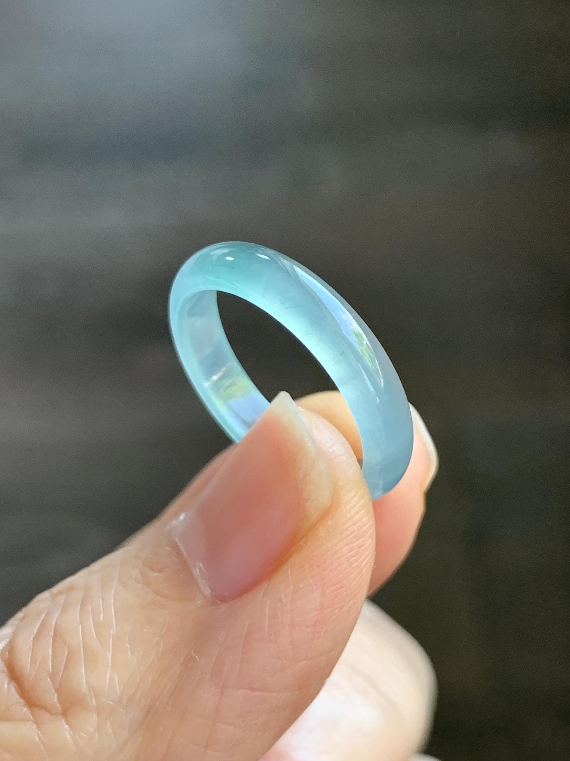 Natural Grade A Guatemalan Icy Highly Translucent Light Teal & Green Marbled Jade Jadeite Band Ring Size 6.5 US 天然冰胶危浅蓝绿起光翡翠戒圈 WLL55B
