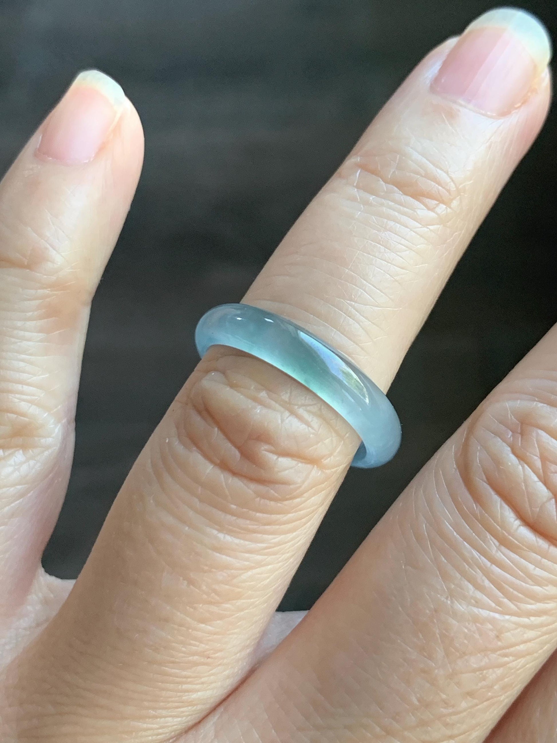 Natural Grade A Guatemalan Icy Highly Translucent Light Teal & Green Marbled Jade Jadeite Band Ring Size 6.5 US 天然冰胶危浅蓝绿起光翡翠戒圈 WLL55B