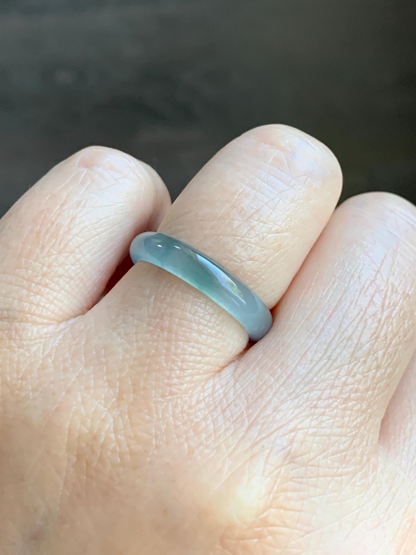 Natural Grade A Guatemalan Icy Highly Translucent Light Teal & Green Marbled Jade Jadeite Band Ring Size 6.5 US 天然冰胶危浅蓝绿起光翡翠戒圈 WLL55B