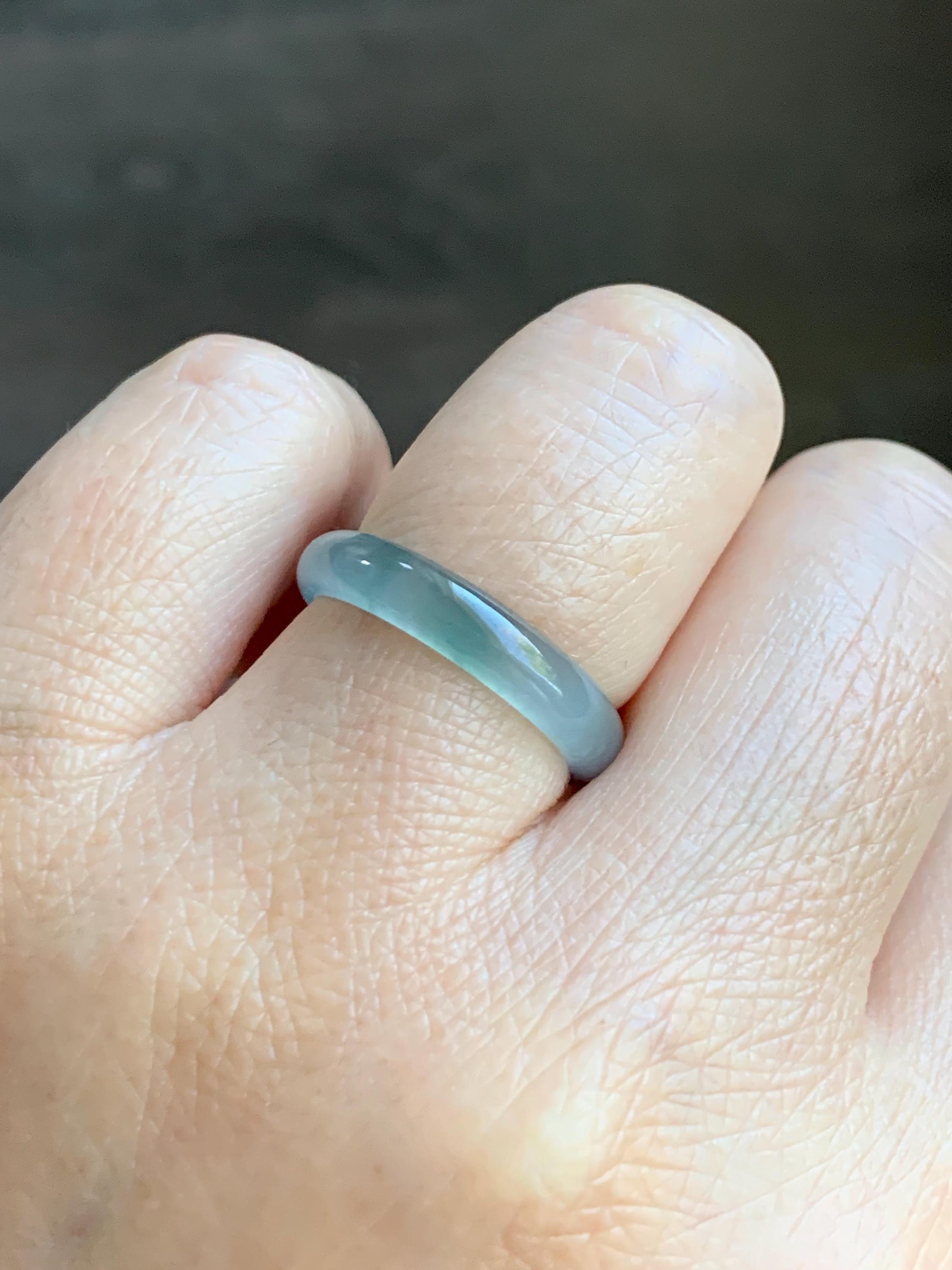 Natural Grade A Guatemalan Icy Highly Translucent Light Teal & Green Marbled Jade Jadeite Band Ring Size 6.5 US 天然冰胶危浅蓝绿起光翡翠戒圈 WLL55B