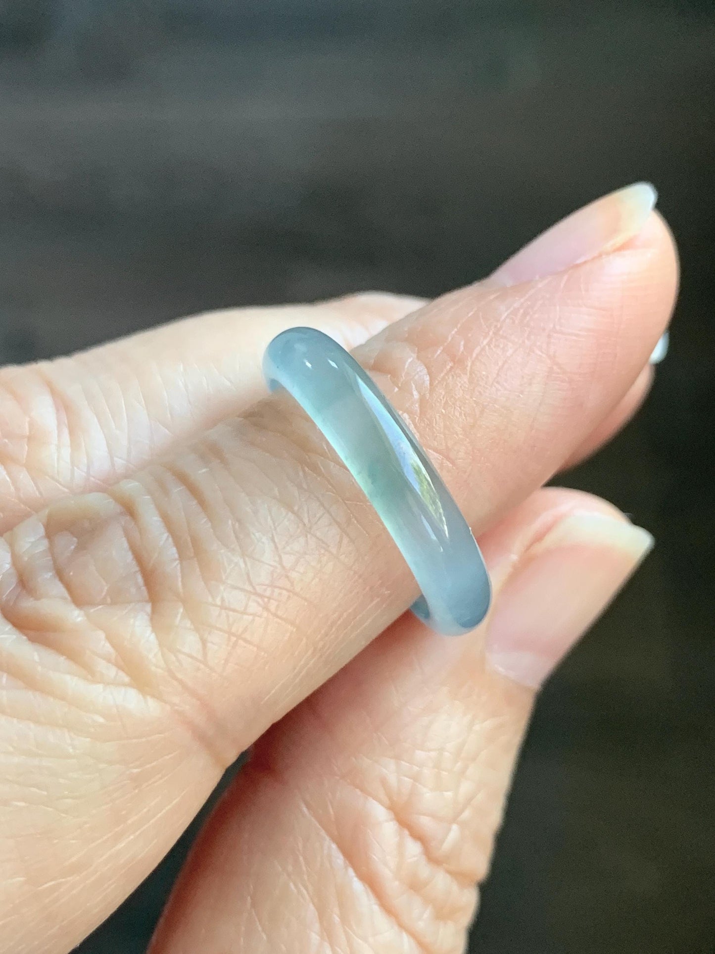 Natural Grade A Guatemalan Icy Highly Translucent Light Teal & Green Marbled Jade Jadeite Band Ring Size 6.5 US 天然冰胶危浅蓝绿起光翡翠戒圈 WLL55B
