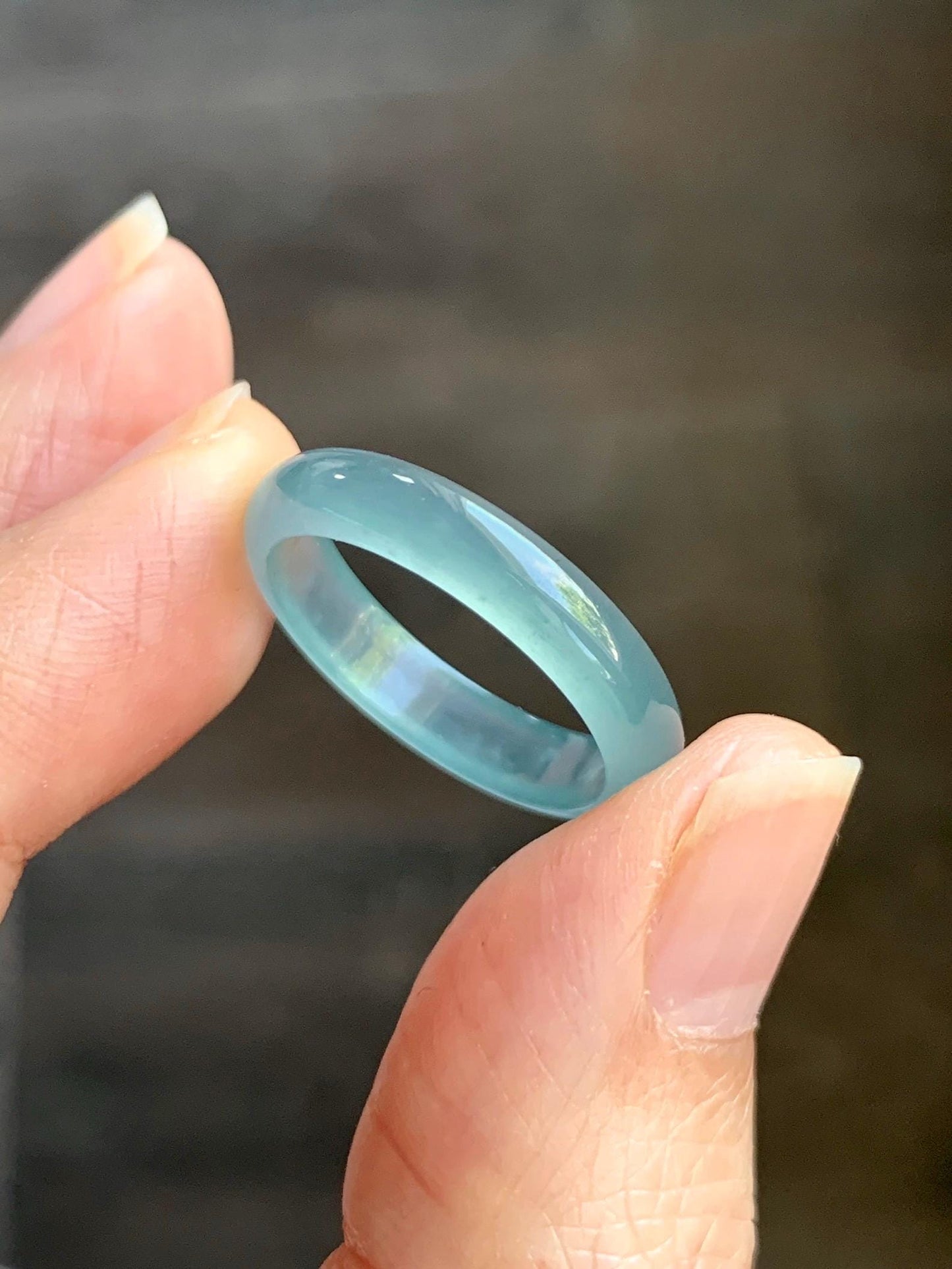Natural Grade A Guatemalan Icy Highly Translucent Light Teal Jade Jadeite Band Ring Size 7.75 US 天然冰胶危浅蓝绿起光翡翠戒圈 WLL55C
