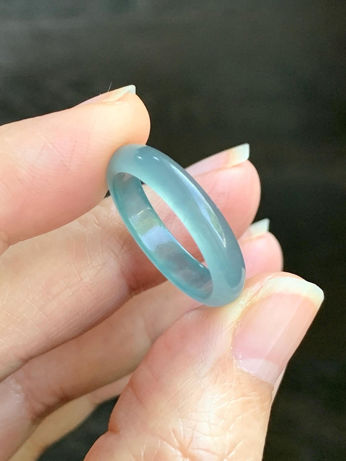 Natural Grade A Guatemalan Icy Highly Translucent Light Teal Jade Jadeite Band Ring Size 7.75 US 天然冰胶危浅蓝绿起光翡翠戒圈 WLL55C