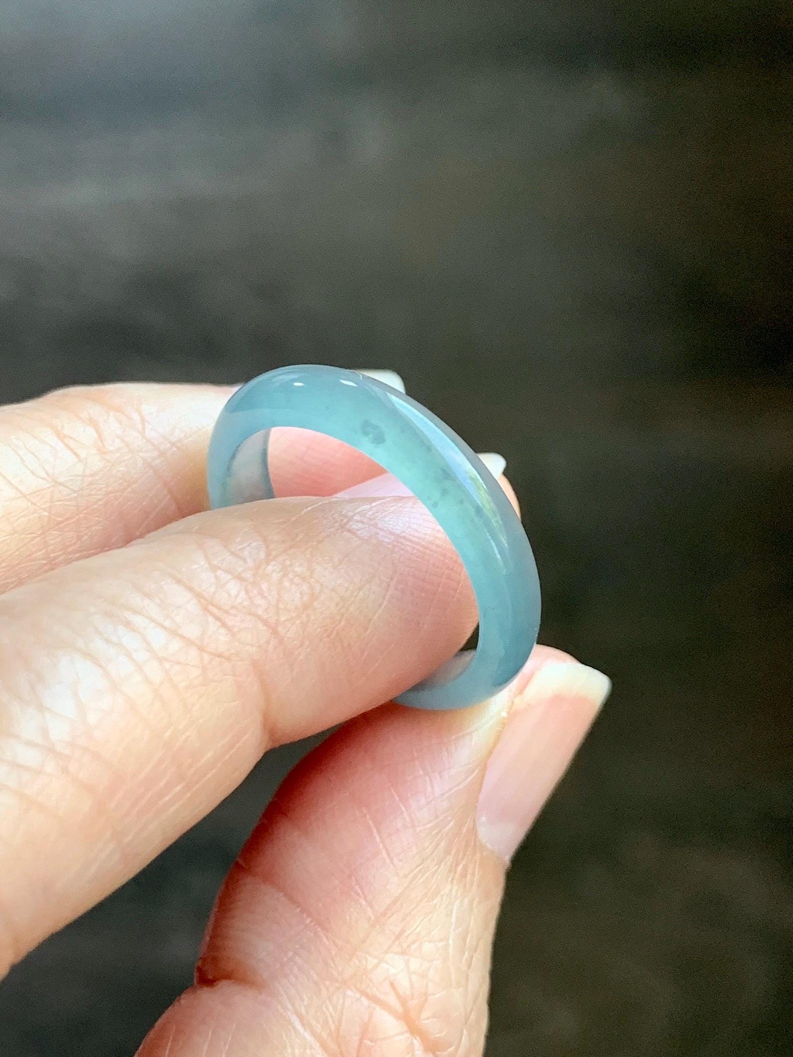 Natural Grade A Guatemalan Icy Highly Translucent Light Teal Jade Jadeite Band Ring Size 7.75 US 天然冰胶危浅蓝绿起光翡翠戒圈 WLL55C