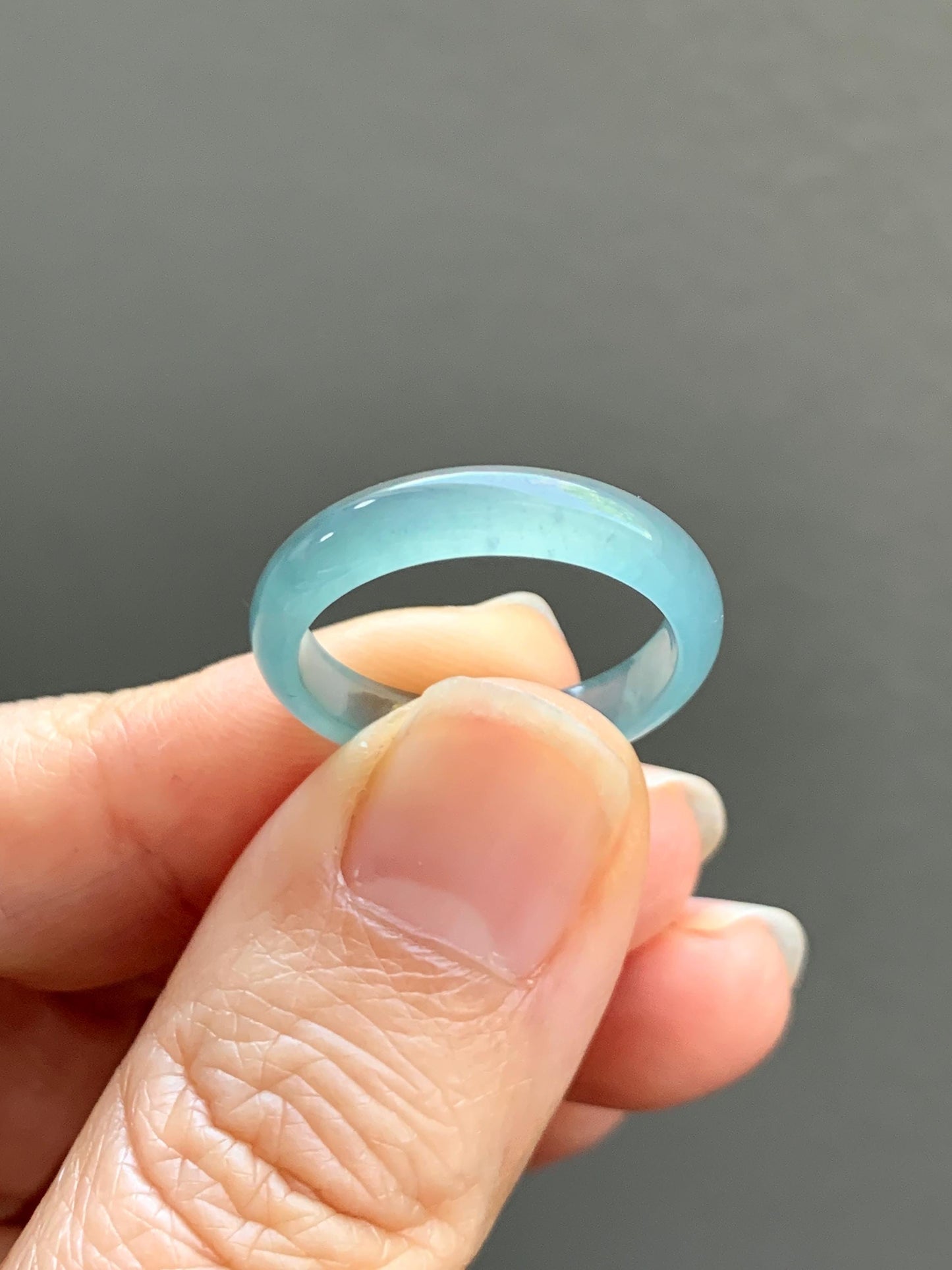 Natural Grade A Guatemalan Icy Highly Translucent Light Teal Jade Jadeite Band Ring Size 7.75 US 天然冰胶危浅蓝绿起光翡翠戒圈 WLL55C