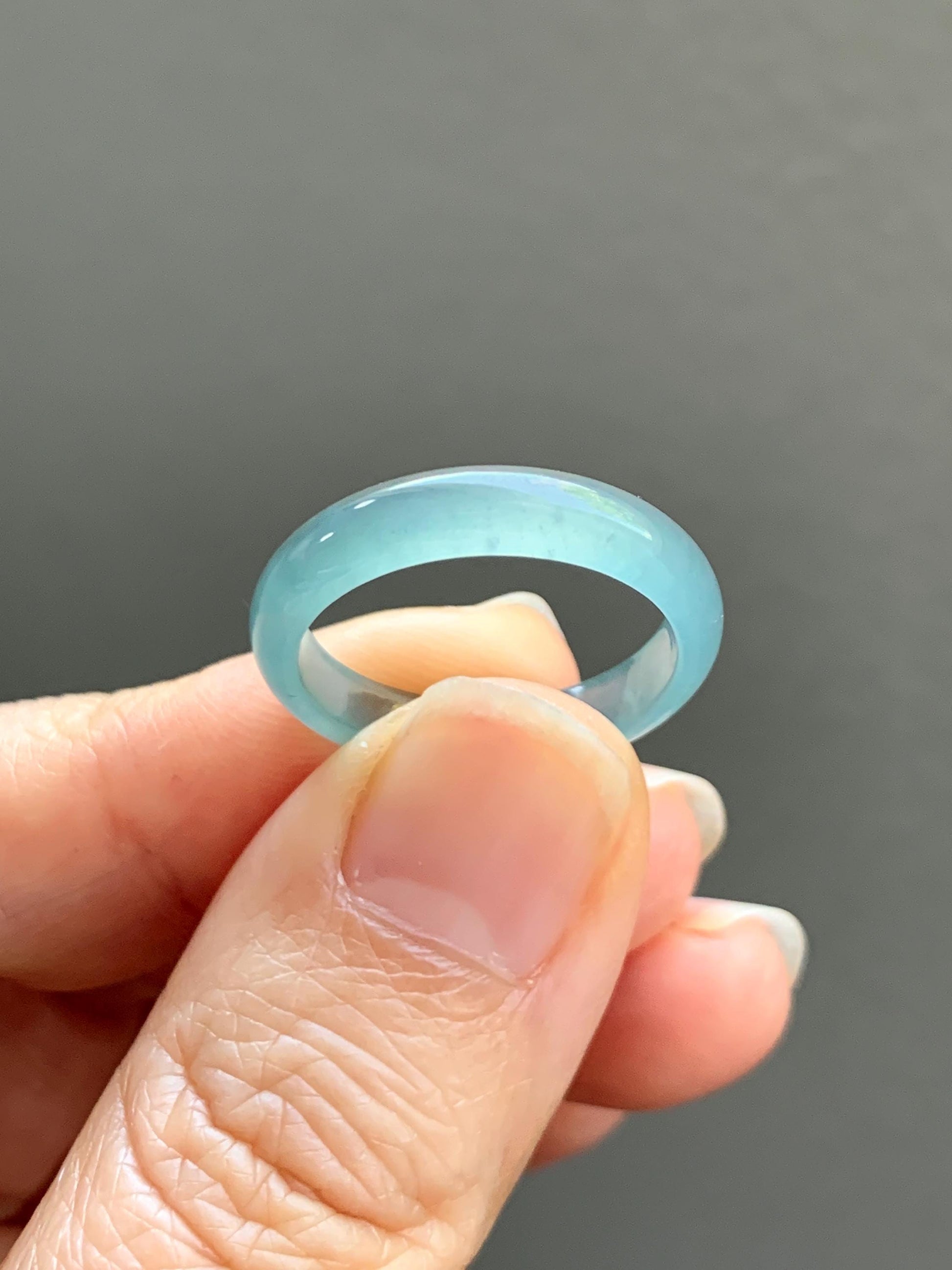 Natural Grade A Guatemalan Icy Highly Translucent Light Teal Jade Jadeite Band Ring Size 7.75 US 天然冰胶危浅蓝绿起光翡翠戒圈 WLL55C