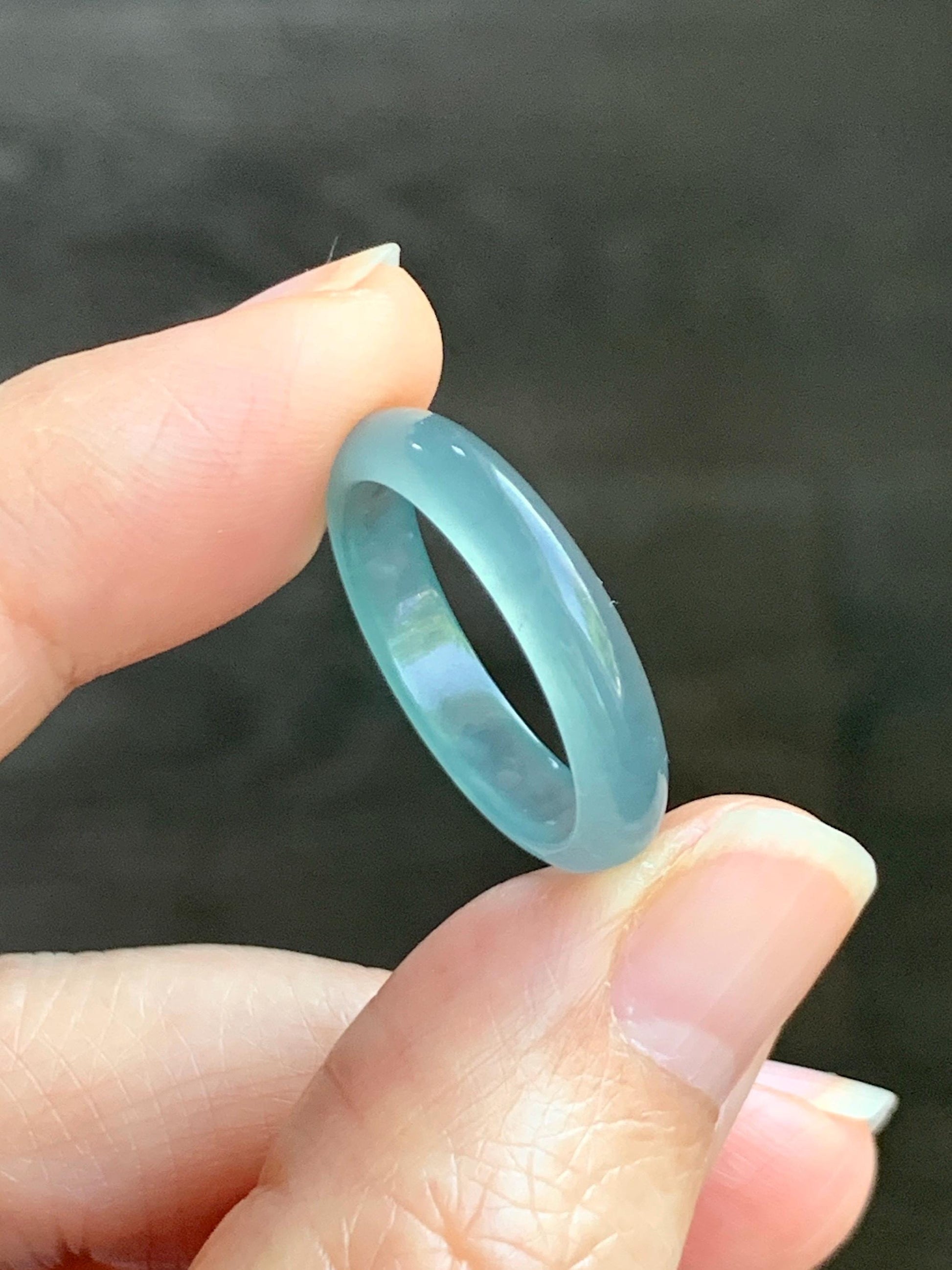 Natural Grade A Guatemalan Icy Highly Translucent Light Teal Jade Jadeite Band Ring Size 7.75 US 天然冰胶危浅蓝绿起光翡翠戒圈 WLL55C