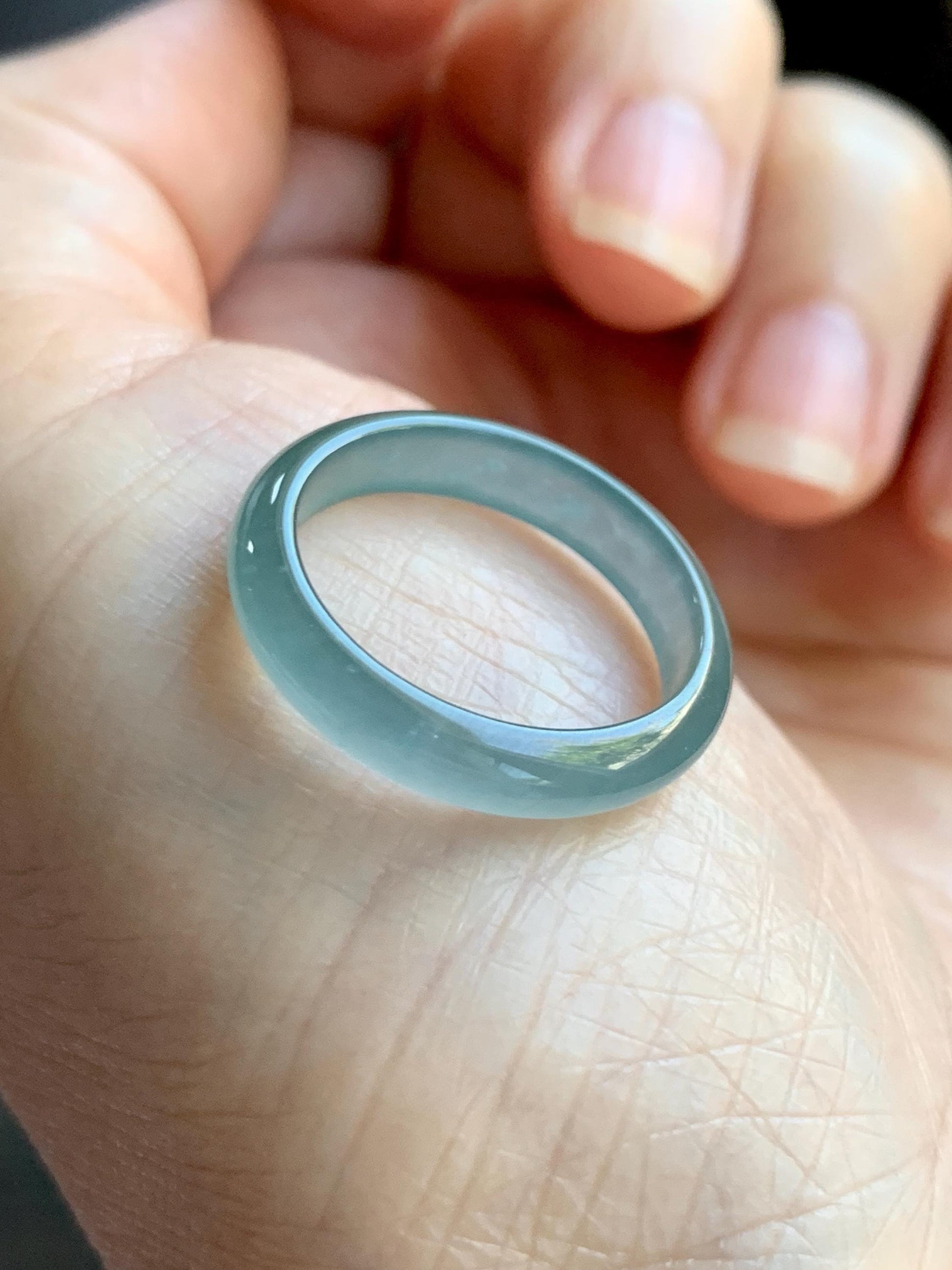 Natural Grade A Guatemalan Icy Highly Translucent Light Teal Jade Jadeite Band Ring Size 7.75 US 天然冰胶危浅蓝绿起光翡翠戒圈 WLL55C