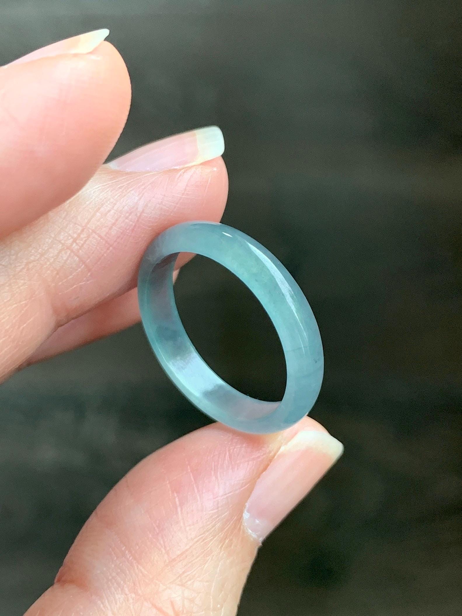 Natural Grade A Guatemalan Icy Highly Translucent Light Teal Jade Jadeite Band Ring Size 7.75 US 天然冰胶危浅蓝绿起光翡翠戒圈 WLL55D