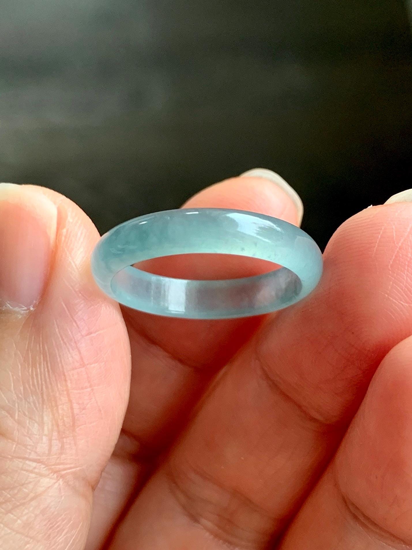 Natural Grade A Guatemalan Icy Highly Translucent Light Teal Jade Jadeite Band Ring Size 7.75 US 天然冰胶危浅蓝绿起光翡翠戒圈 WLL55D