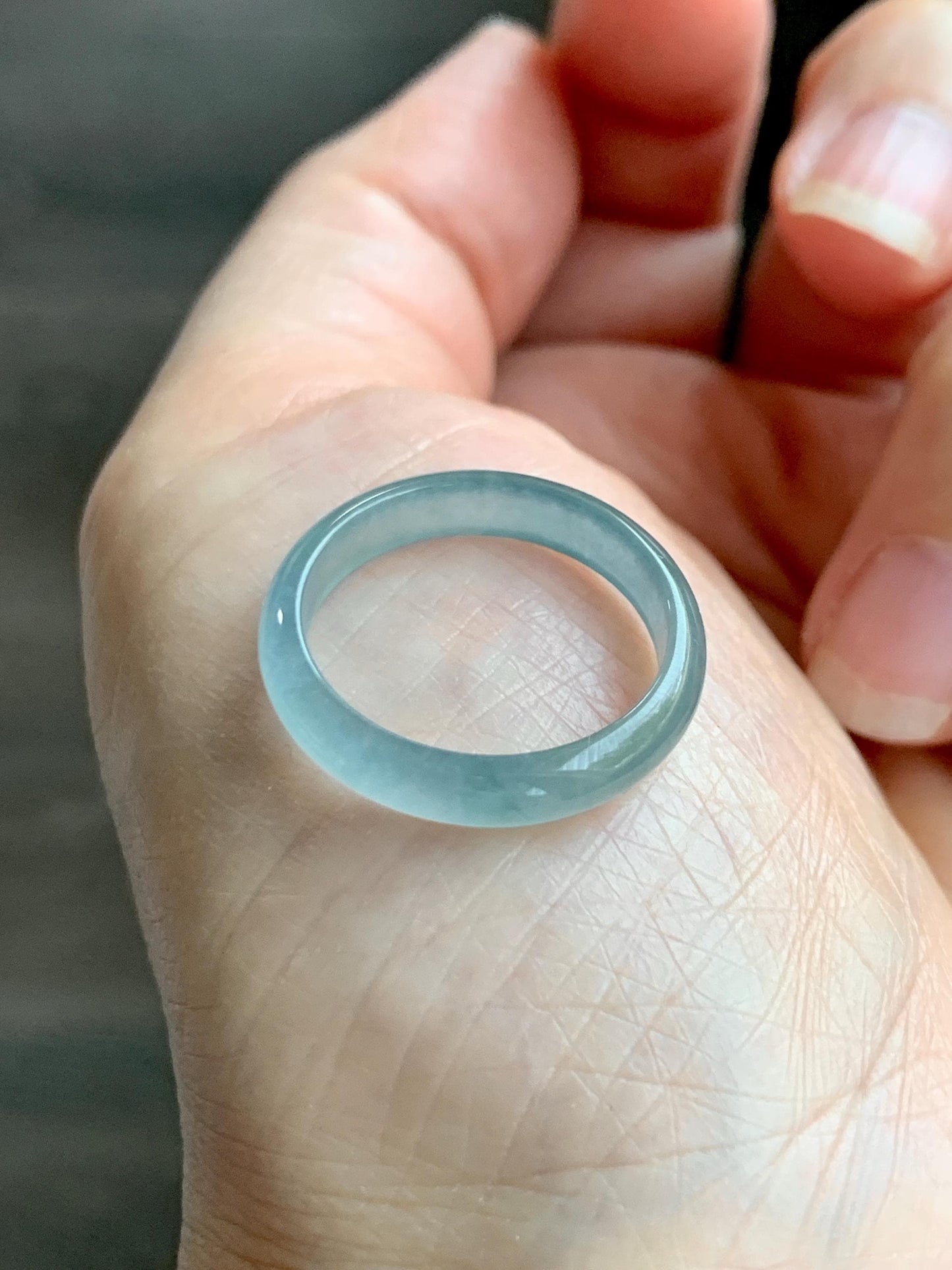 Natural Grade A Guatemalan Icy Highly Translucent Light Teal Jade Jadeite Band Ring Size 7.75 US 天然冰胶危浅蓝绿起光翡翠戒圈 WLL55D